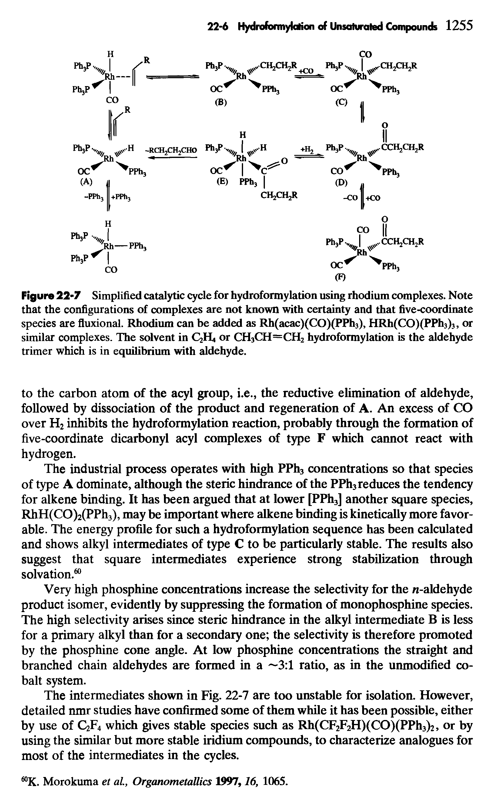 Figure 22-7 Simplified catalytic cycle for hydroformylation using rhodium complexes. Note that the configurations of complexes are not known with certainty and that five-coordinate species are fluxional. Rhodium can be added as Rh(acac)(CO)(PPh3), HRh(CO)(PPh3)3, or similar complexes. The solvent in QH4 or CHjCH=CH2 hydroformylation is the aldehyde trimer which is in equilibrium with aldehyde.
