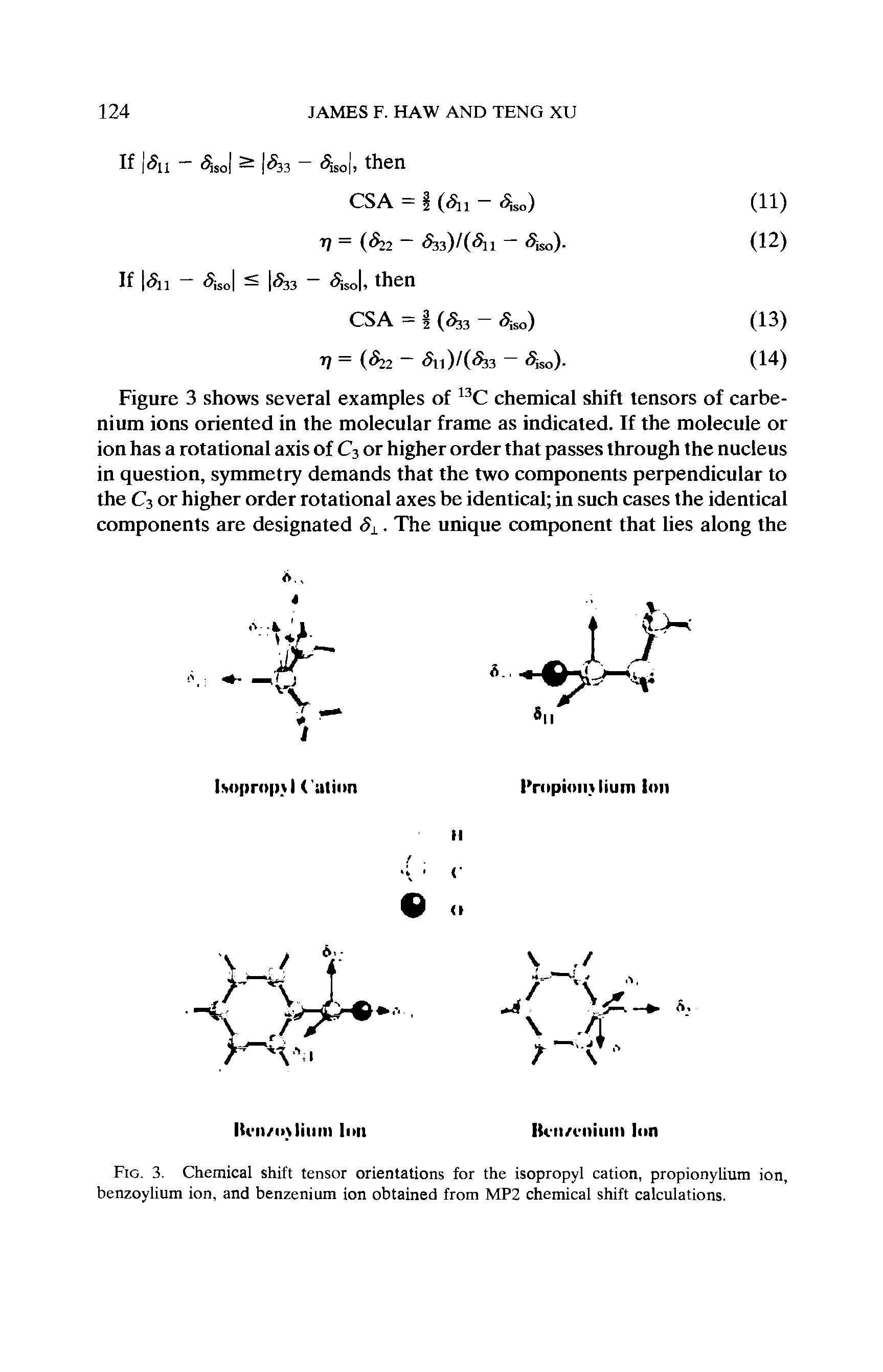 Fig. 3. Chemical shift tensor orientations for the isopropyl cation, propionylium ion, benzoylium ion, and benzenium ion obtained from MP2 chemical shift calculations.