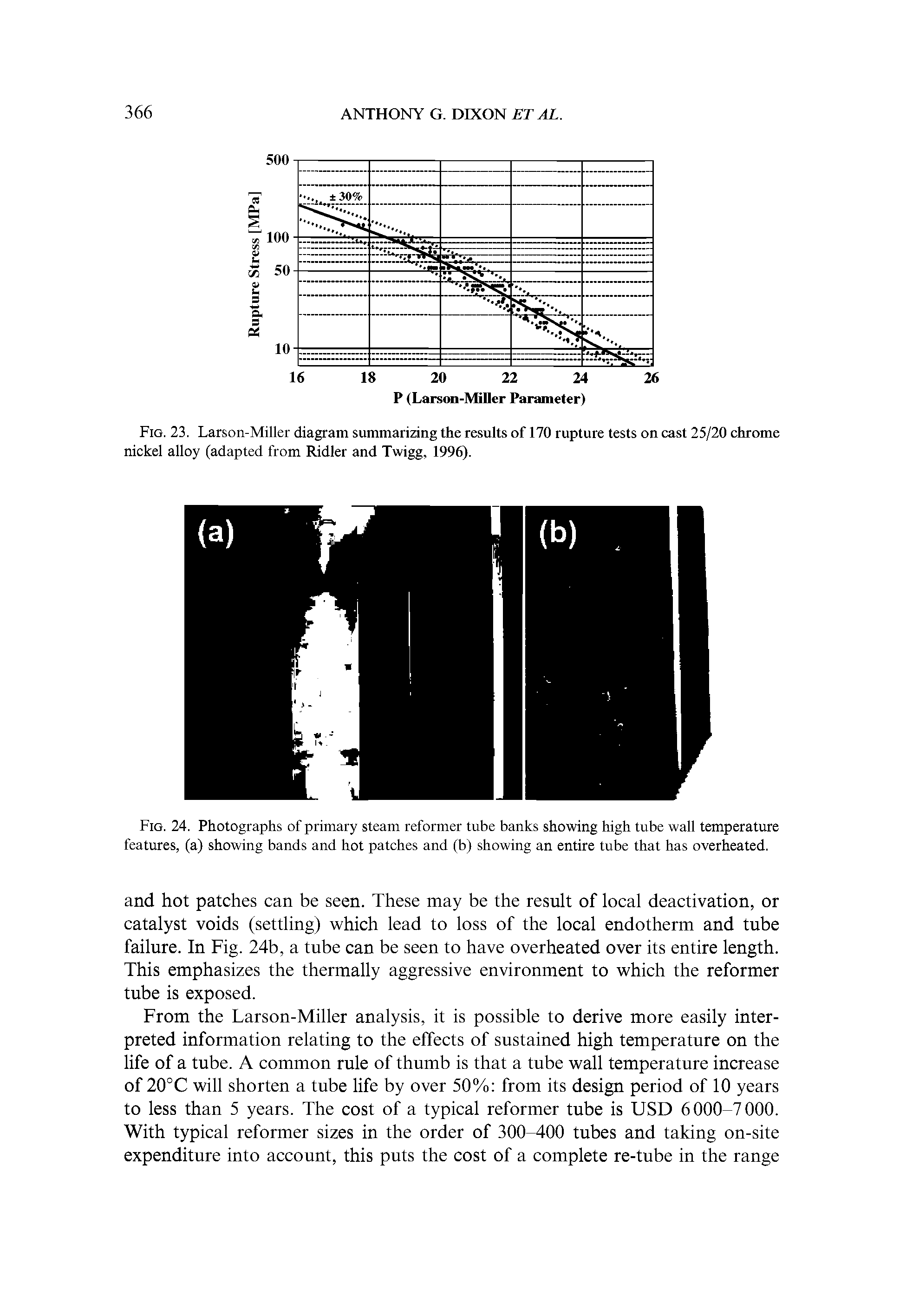 Fig. 24. Photographs of primary steam reformer tube banks showing high tube wall temperature features, (a) showing bands and hot patches and (b) showing an entire tube that has overheated.