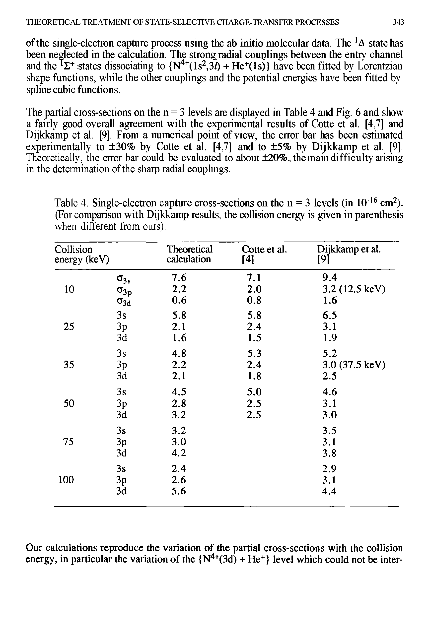 Table 4. Single-electron capture cross-sections on the n = 3 levels (in 10 cm ). (For comparison with Dijkkamp results, the collision energy is given in parenthesis...