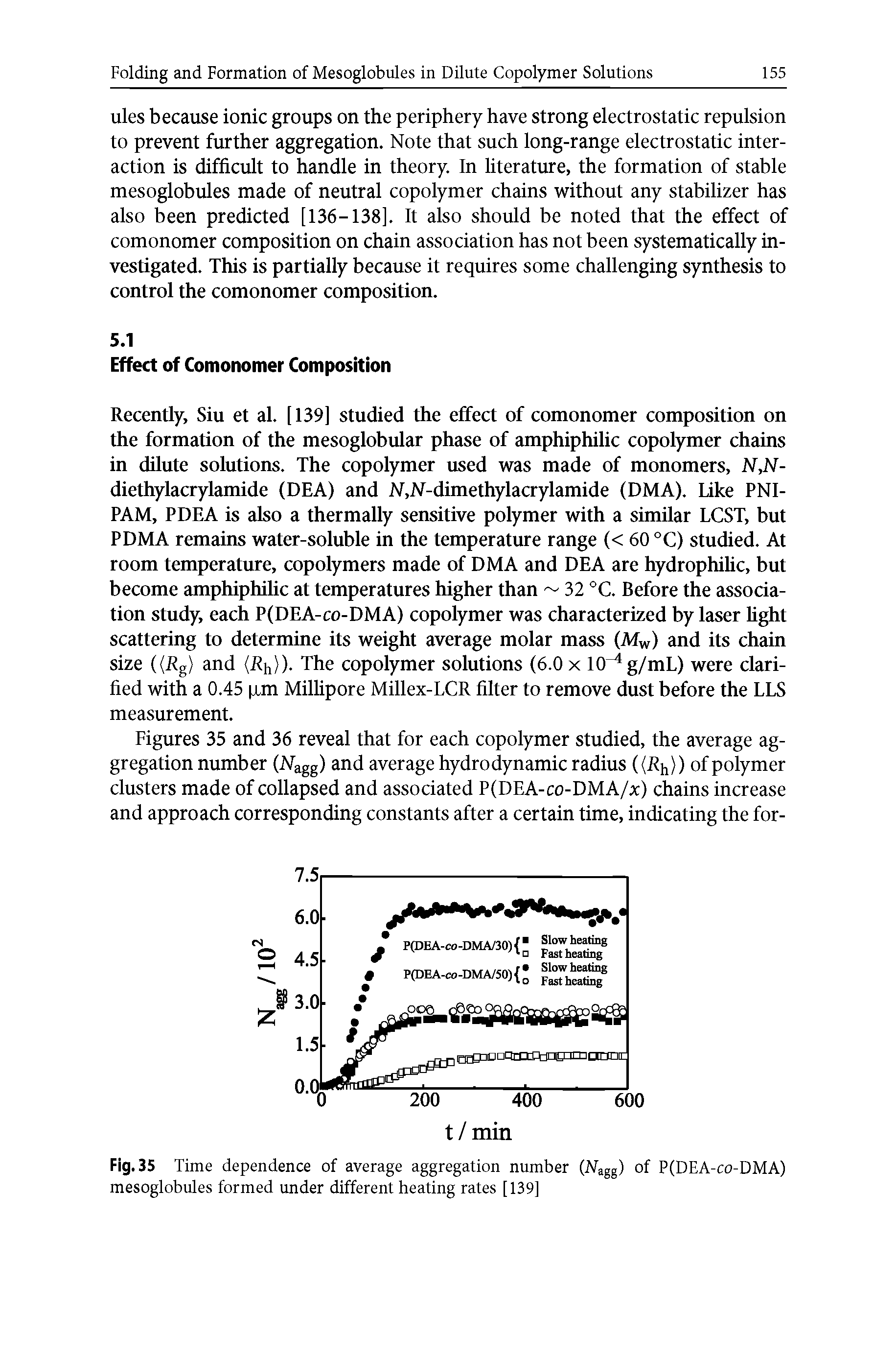 Figures 35 and 36 reveal that for each copolymer studied, the average aggregation number (ATagg) and average hydrodynamic radius ((%)) of polymer clusters made of collapsed and associated P(DEA-co-DMA/x) chains increase and approach corresponding constants after a certain time, indicating the for-...