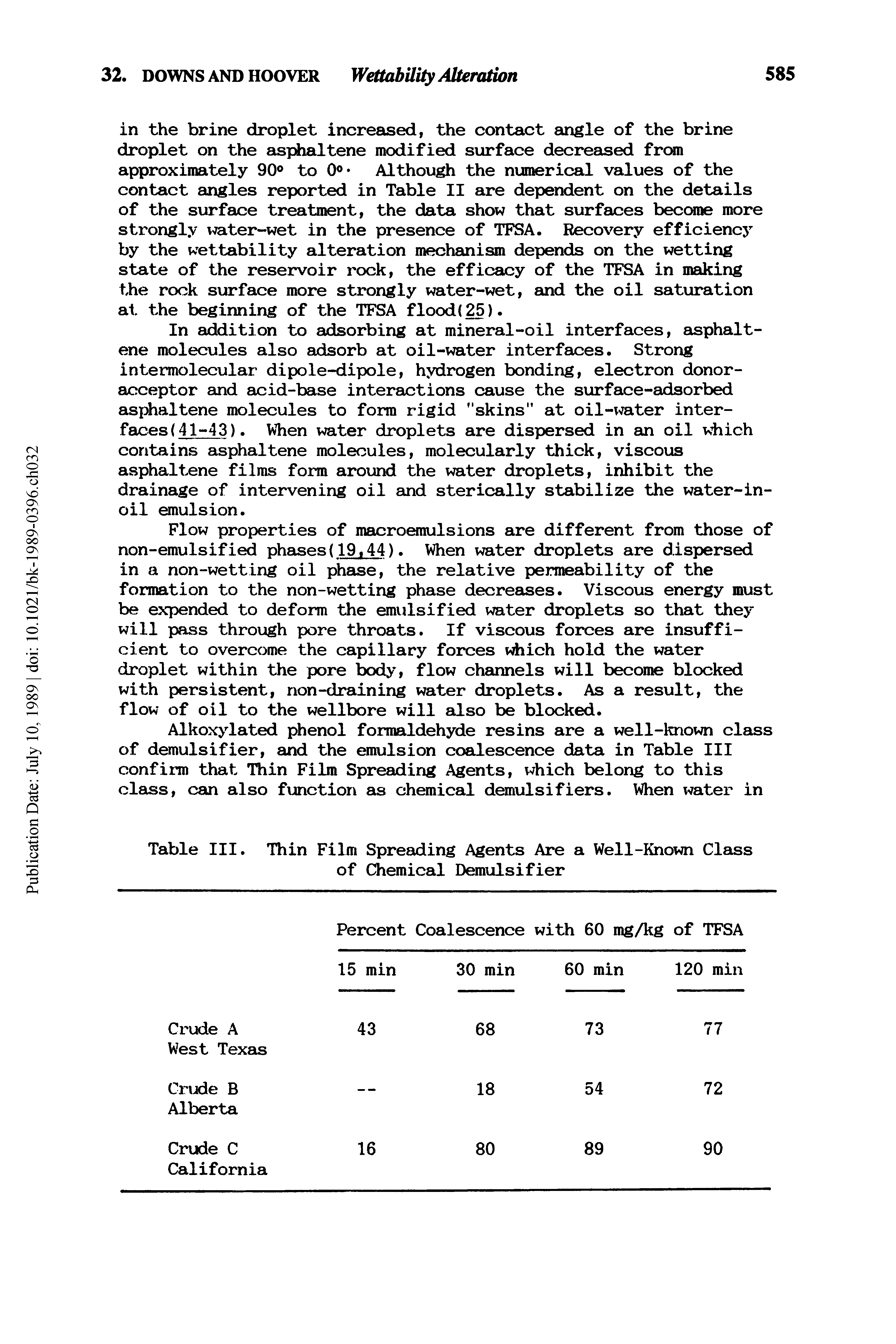 Table III. Thin Film Spreading Agents Are a Well-Known Class of Chemical Demulsifier...