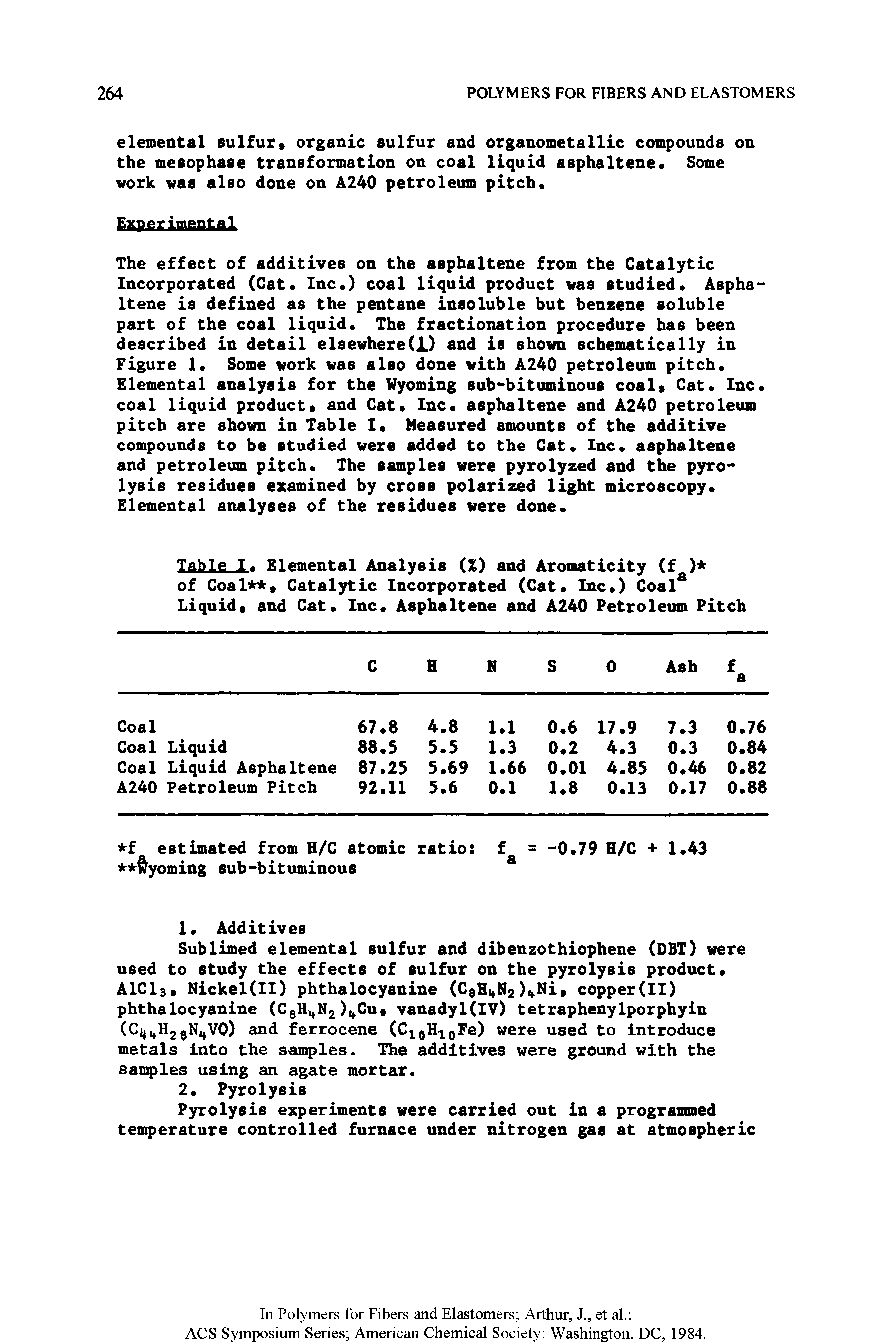 Table I. Elemental Analysis (Z) and Aromaticity of Coal. Catalytic Incorporated (Cat. Inc.) Coal Liquid, and Cat. Inc. Asphaltene and A240 Petroleum Pitch...