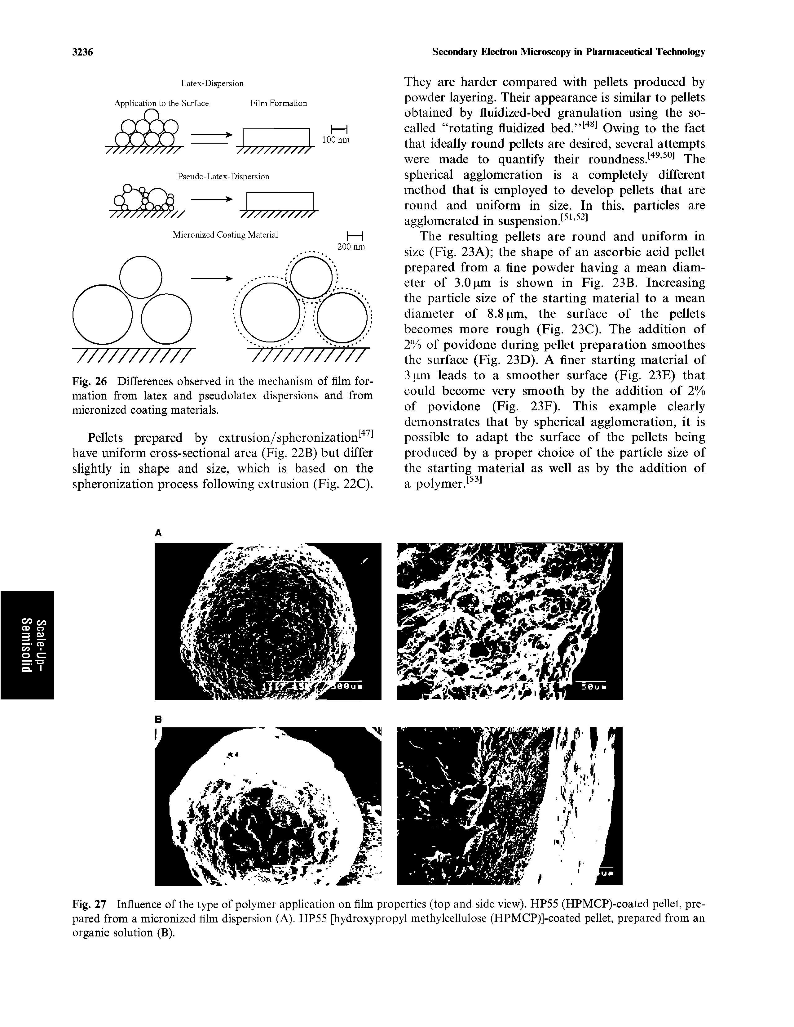 Fig. 27 Infiuence of the type of polymer application on film properties (top and side view). HP55 (HPMCP)-coated pellet, prepared from a micronized film dispersion (A). HP55 [hydroxypropyl methylcellulose (HPMCP)]-coated pellet, prepared from an organic solution (B).