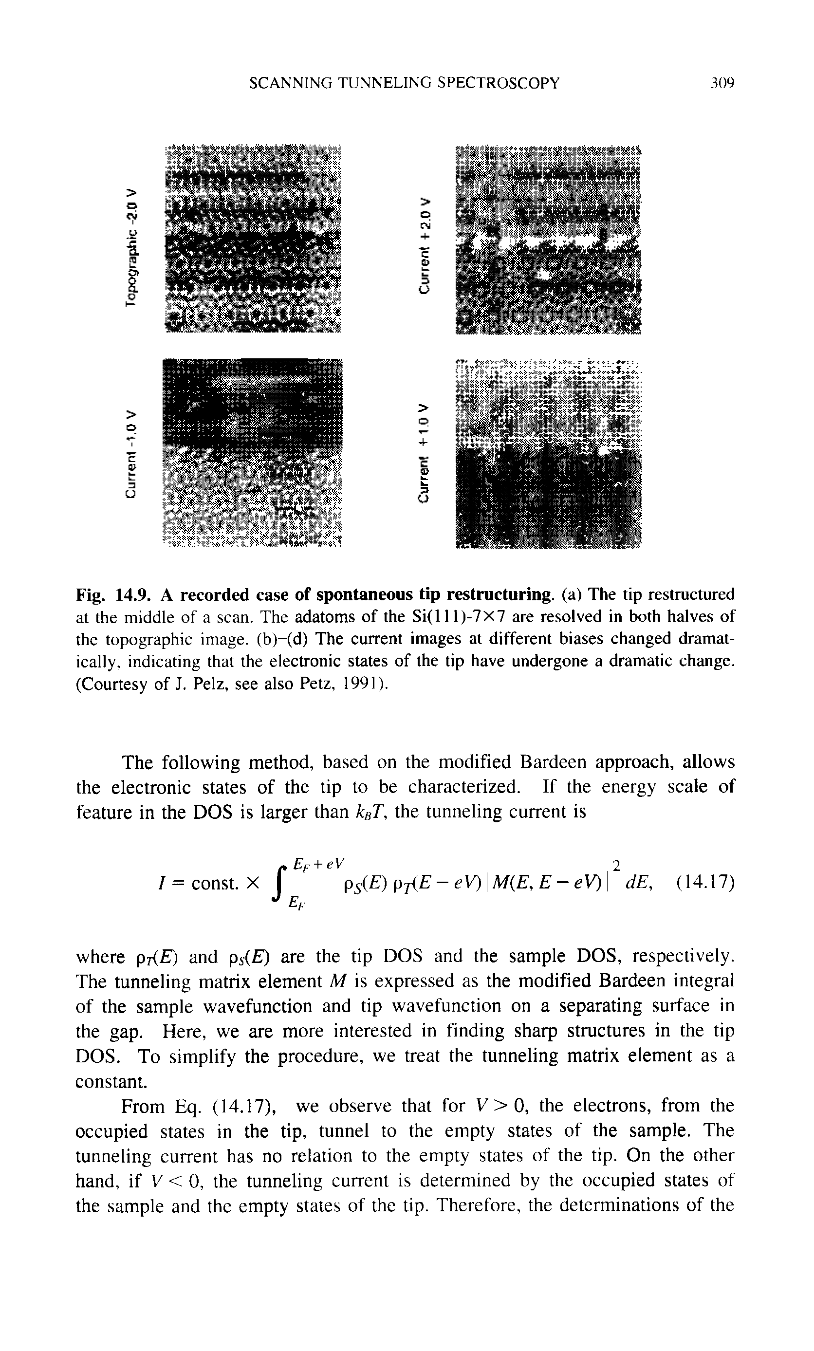 Fig. 14.9. A recorded case of spontaneous tip restructuring, (a) The tip restructured at the middle of a scan. The adatoms of the Si(ll 1)-7X7 are resolved in both halves of the topographic image, (b)-(d) The current images at different biases changed dramatically, indicating that the electronic states of the tip have undergone a dramatic change. (Courtesy of J. Pelz, see also Petz, 1991).