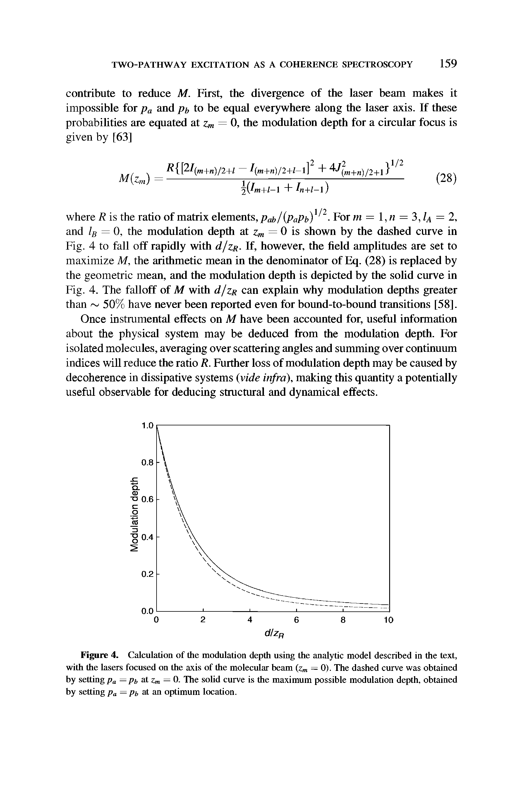 Figure 4. Calculation of the modulation depth using the analytic model described in the text, with the lasers focused on the axis of the molecular beam (zm = 0). The dashed curve was obtained by setting pa — pi, at zm — 0. The solid curve is the maximum possible modulation depth, obtained by setting pa — pt, at an optimum location.