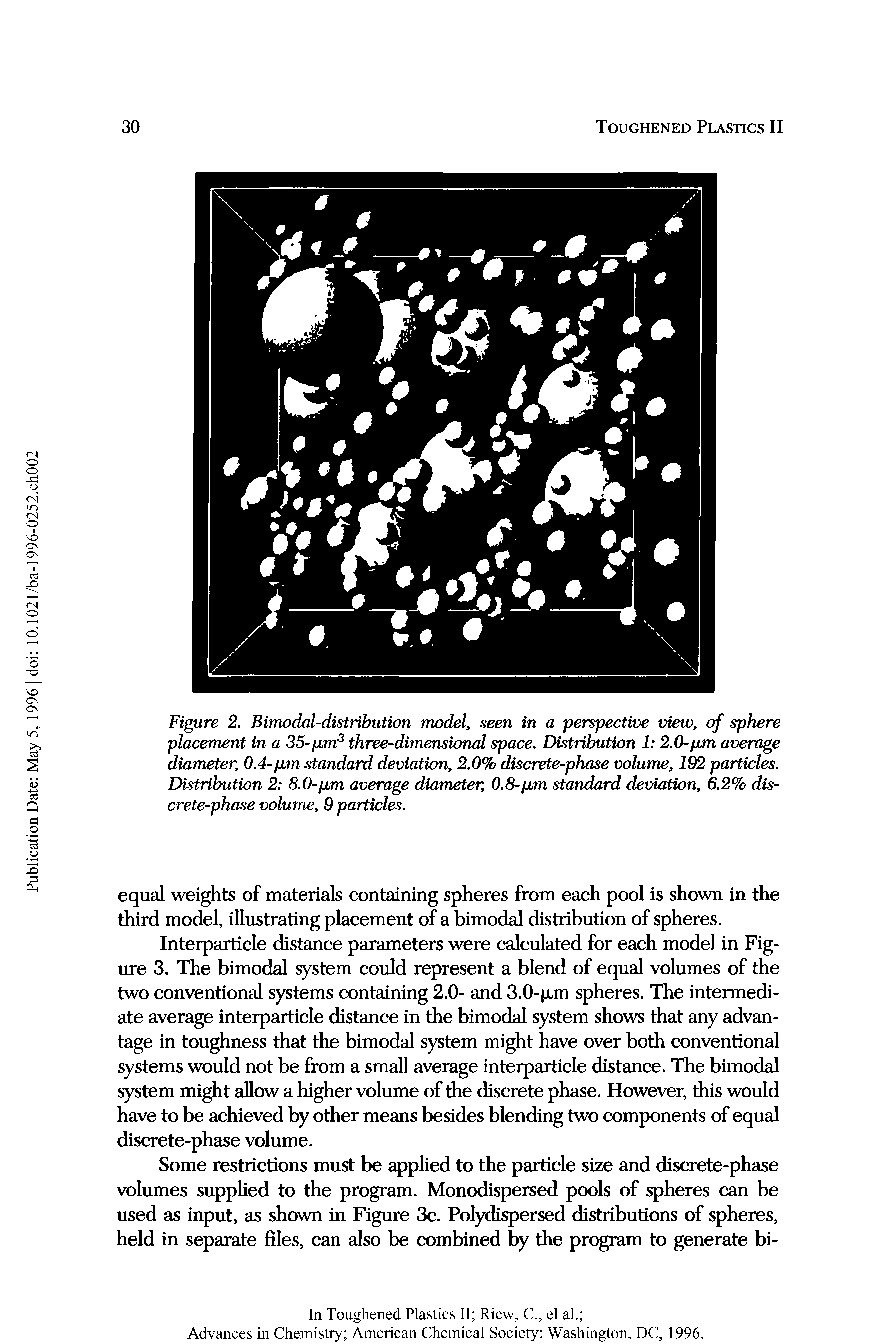 Figure 2. Bimodal-distribution model, seen in a perspective view, of sphere placement in a 35-pm3 three-dimensional space. Distribution 1 2.0-pm average diameter, 0.4-pm standard deviation, 2.0% discrete-phase volume, 192 particles. Distribution 2 8.0-pm average diameter, 0.8-pm standard deviation, 6.2% discrete-phase volume, 9 particles.