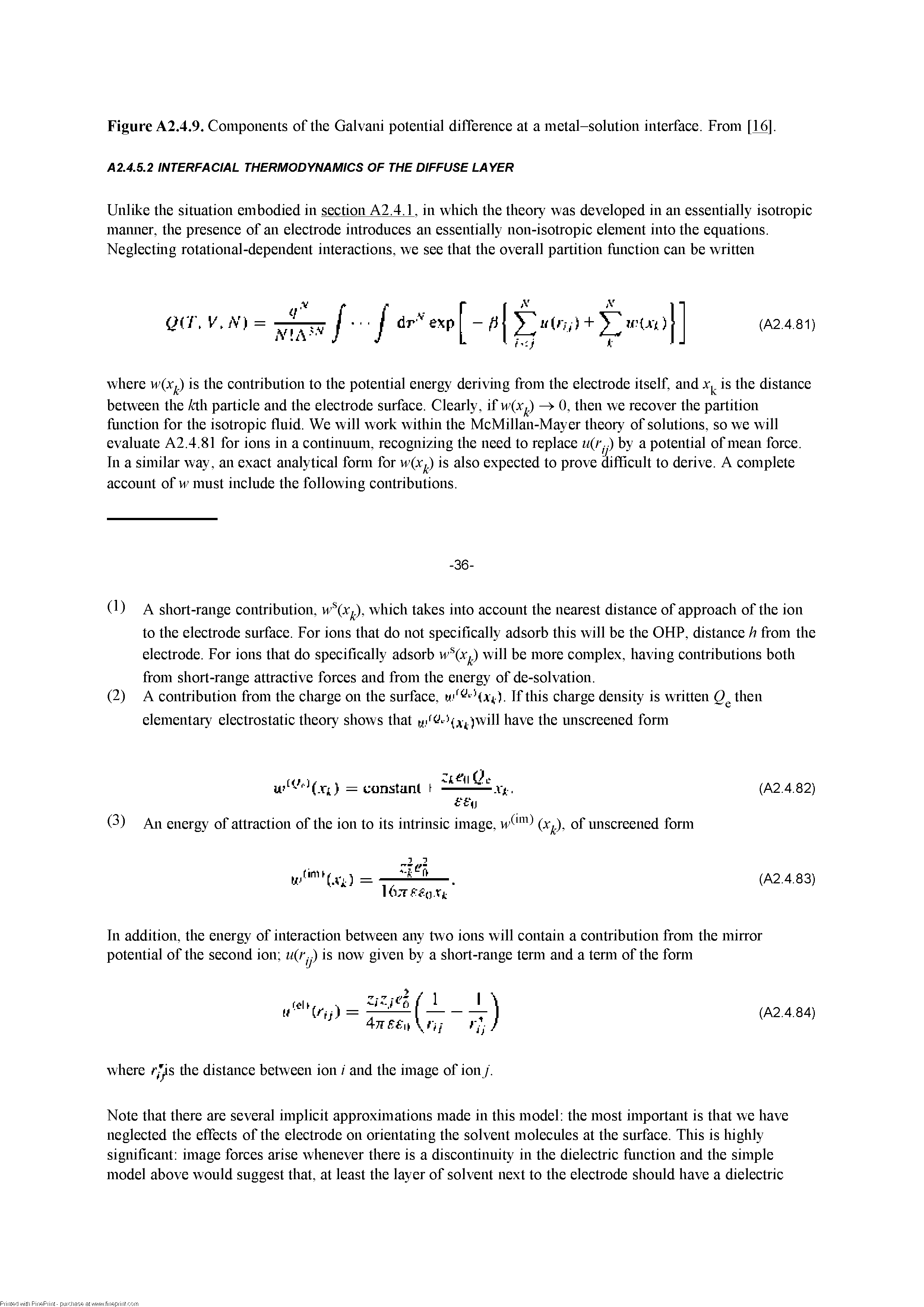 Figure A2.4.9. Components of the Galvani potential differenee at a metal-solution interfaee. From [16], A2.4.5.2 INTERFACIAL THERMODYNAMICS OF THE DIFFUSE LAYER...