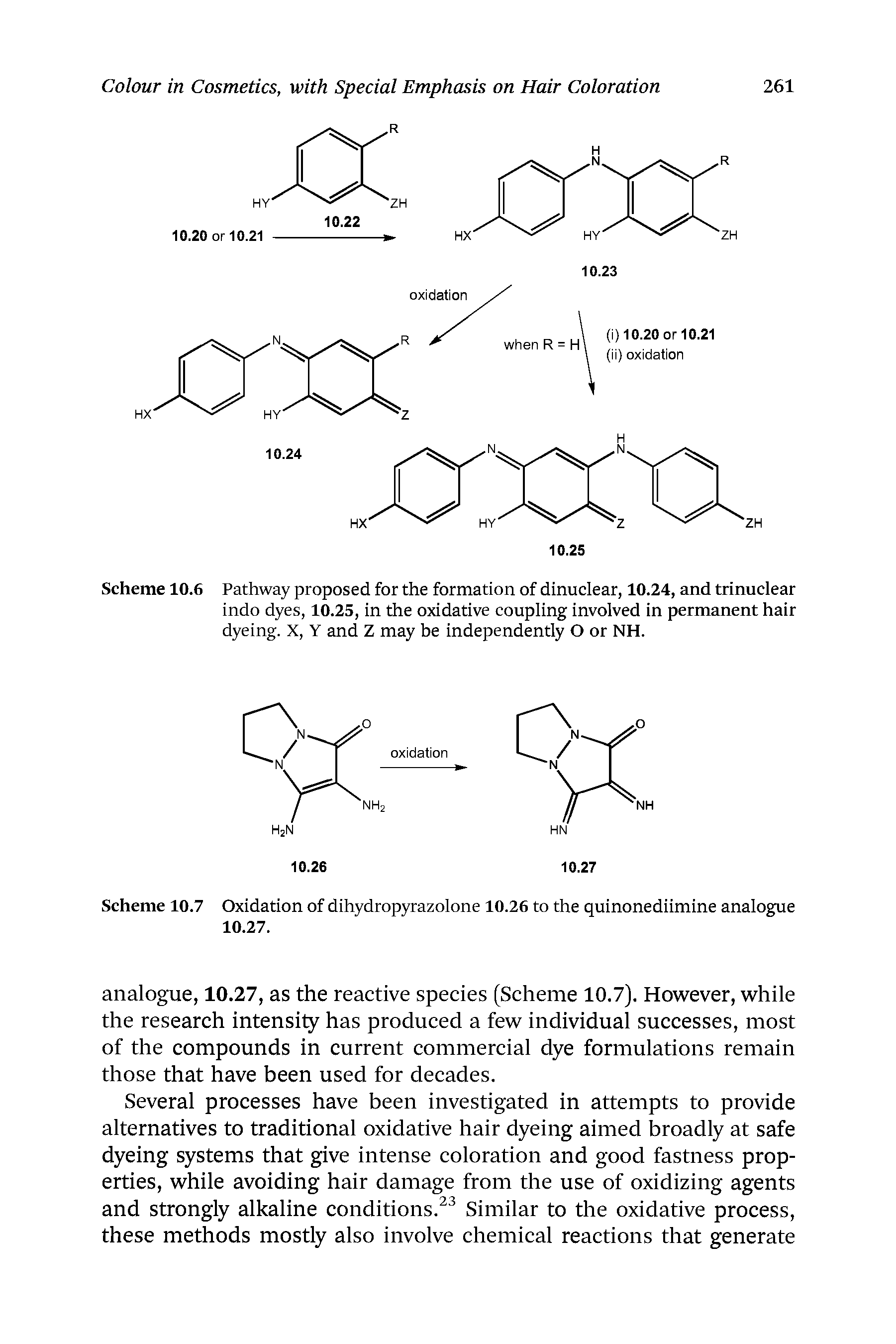 Scheme 10.6 Pathway proposed for the formation of dinuclear, 10.24, and trinuclear indo dyes, 10.25, in the oxidative coupling involved in permanent hair dyeing. X, Y and Z may be independently O or NH.
