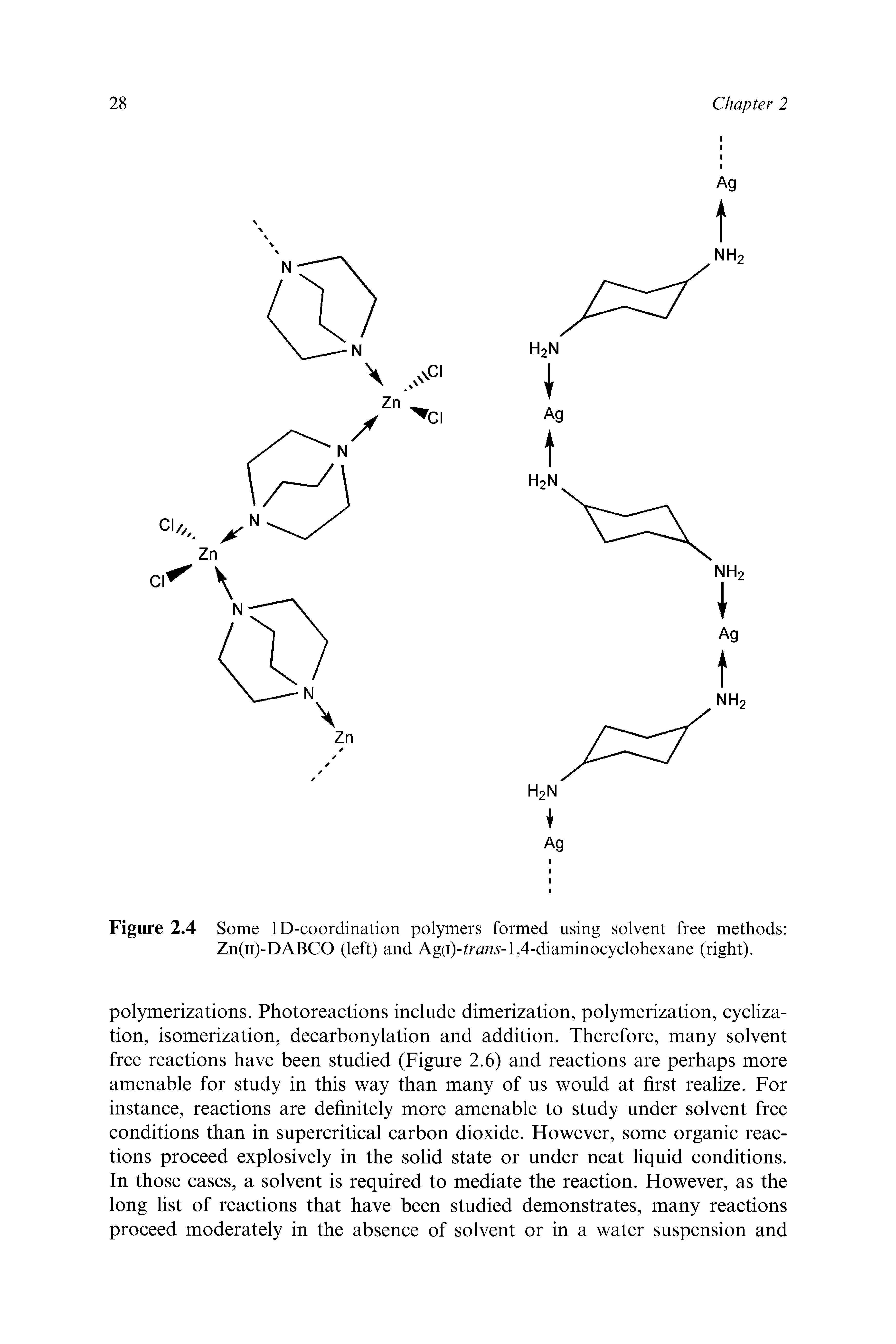 Figure 2.4 Some ID-coordination polymers formed using solvent free methods Zn(ii)-DABCO (left) and Ag(i)- r(2w -l,4-diaminocyclohexane (right).