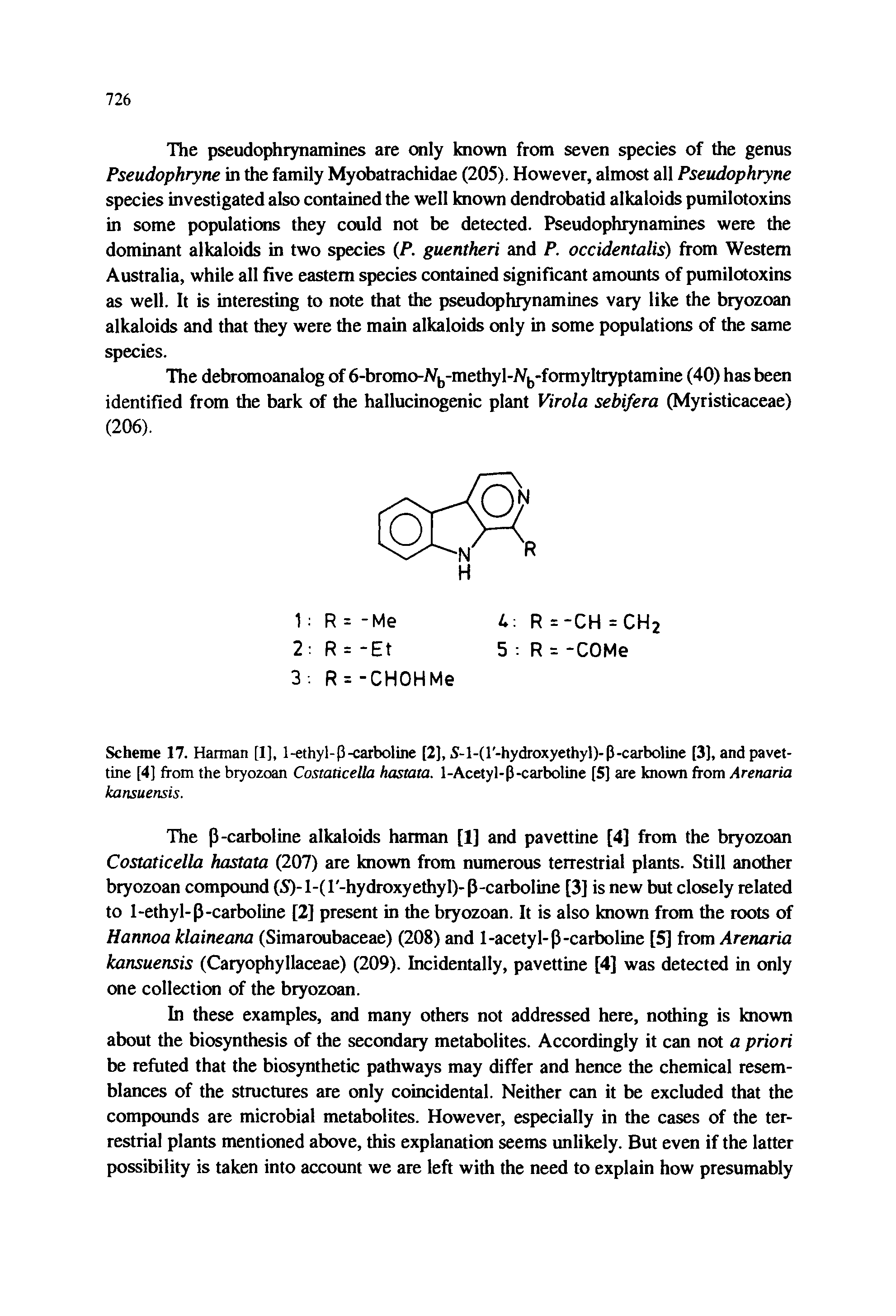 Scheme 17. Hannan [1], 1-ethyl-p-carboline [2], S-l-(l -hydroxyethyl)-P-carboline [3], and pavet-tine [4] from the bryozoan Costaticella hastata. 1-Acetyl-P-carboline [5] are known from Arenaria kansuensis.