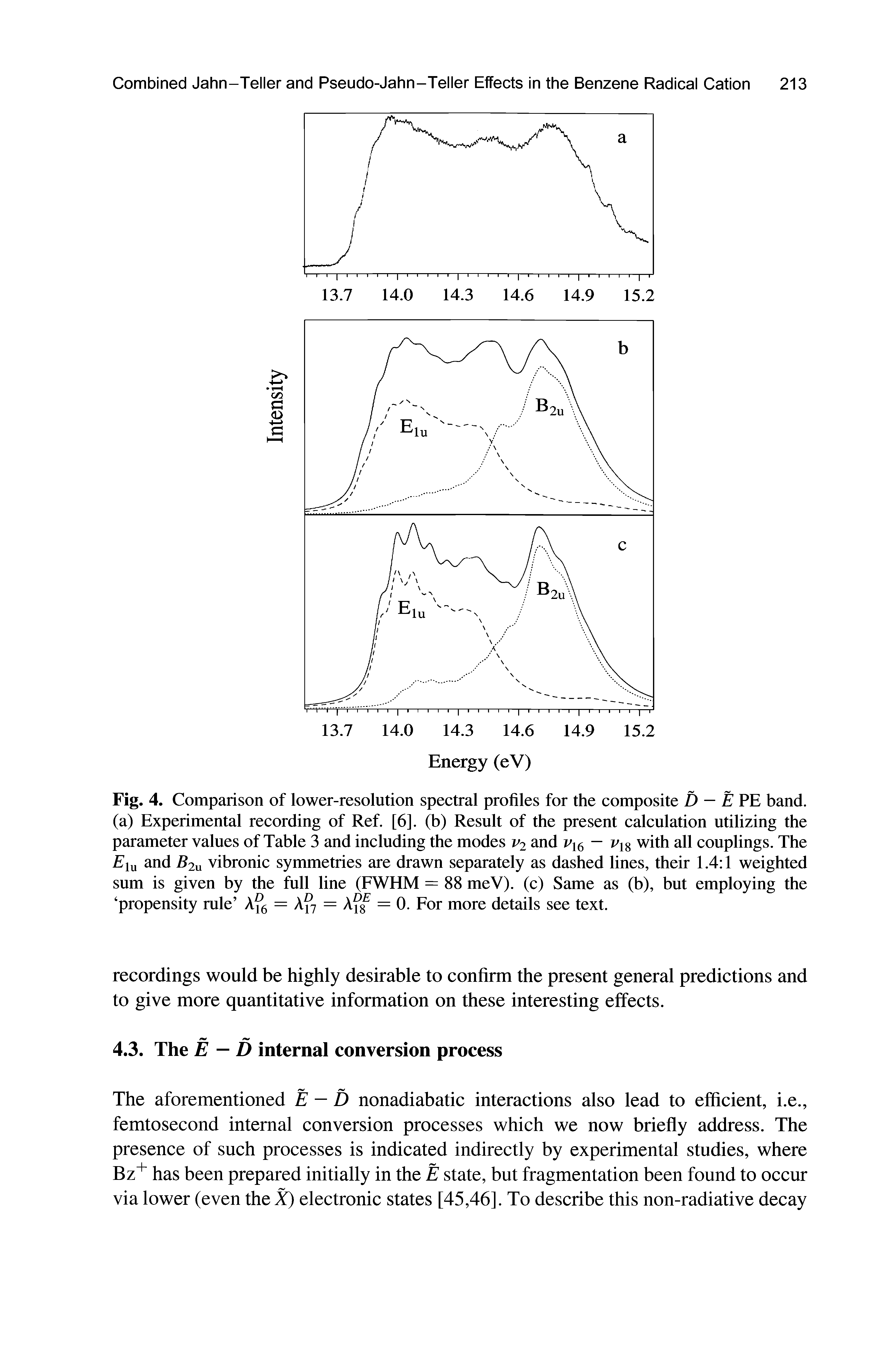 Fig. 4. Comparison of lower-resolution spectral profiles for the composite D — E PE band, (a) Experimental recording of Ref. [6]. (b) Result of the present calculation utilizing the parameter values of Table 3 and including the modes v2 and vi6 — f18 with all couplings. The Elu and B2u vibronic symmetries are drawn separately as dashed lines, their 1.4 1 weighted sum is given by the full line (FWHM = 88 meY). (c) Same as (b), but employing the propensity rule Af6 = Af7 = Af8 = 0. For more details see text.