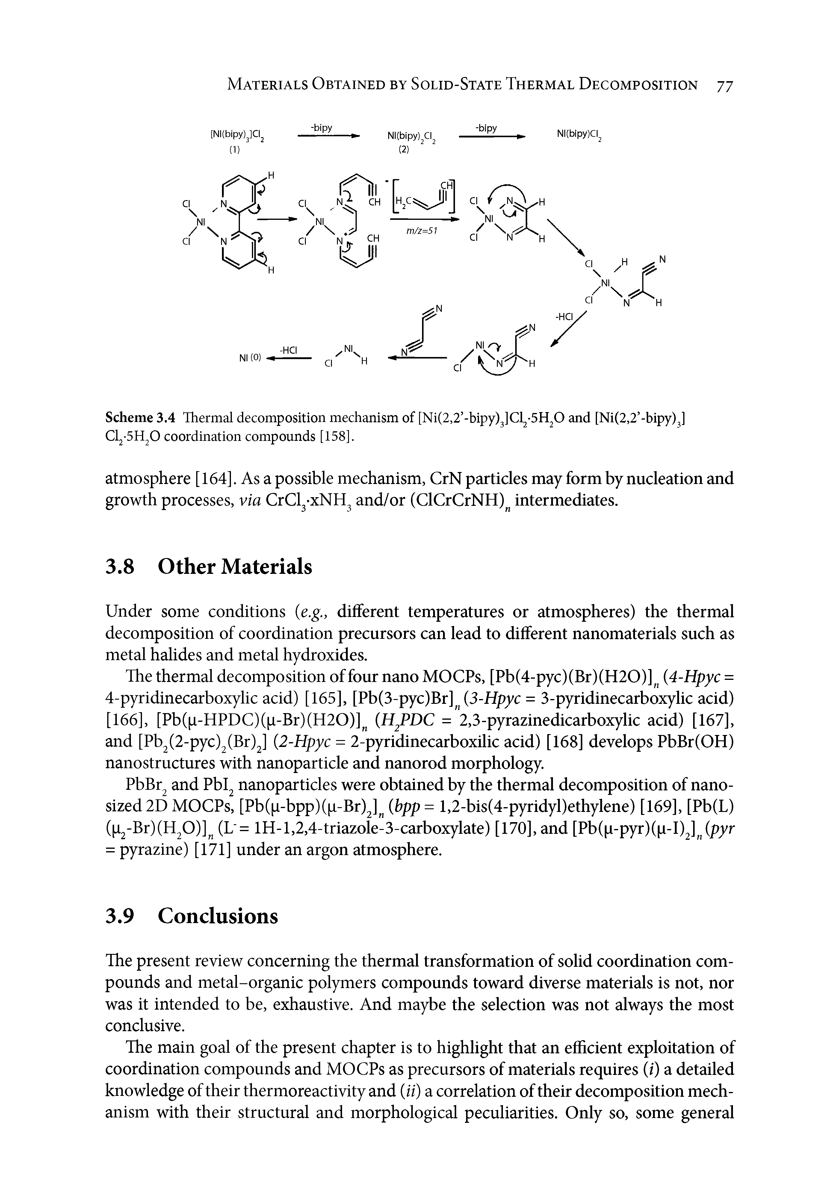 Scheme 3.4 Thermal decomposition mechanism of [Ni(2,2 -bipy)3]Cl2 5H20 and [Ni(2,2 -bipy)3] Clj-SH O coordination compounds [158].
