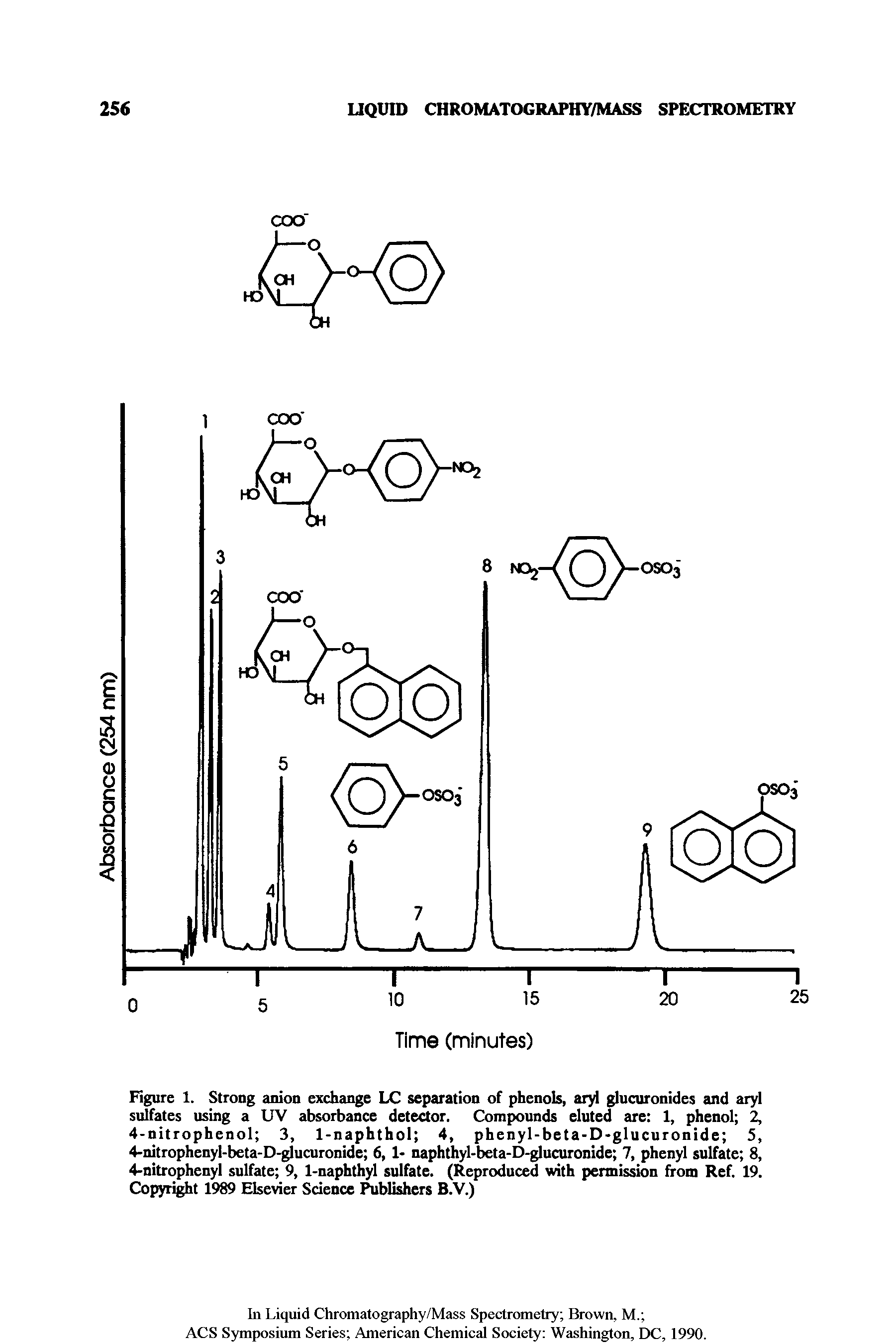 Figure 1. Strong anion exchange LC separation of phenols, aryl glucuronides and aryl sulfates using a UV absorbance detector. Compounds eluted are 1, phenol 2, 4-nitrophenol 3, 1-naphthol 4, phenyl-be ta-D-glucuronide 5, 4-nitrophenyl-beta-D-glucuronide 6, 1- naphthyl-beta-D-glucuronide 7, phenyl sulfate 8, 4-nitrophenyl sulfate 9, 1-naphthyl sulfate. (Reproduced with permission from Ref. 19. Copyright 1989 Elsevier Science Publishers B.V.)...