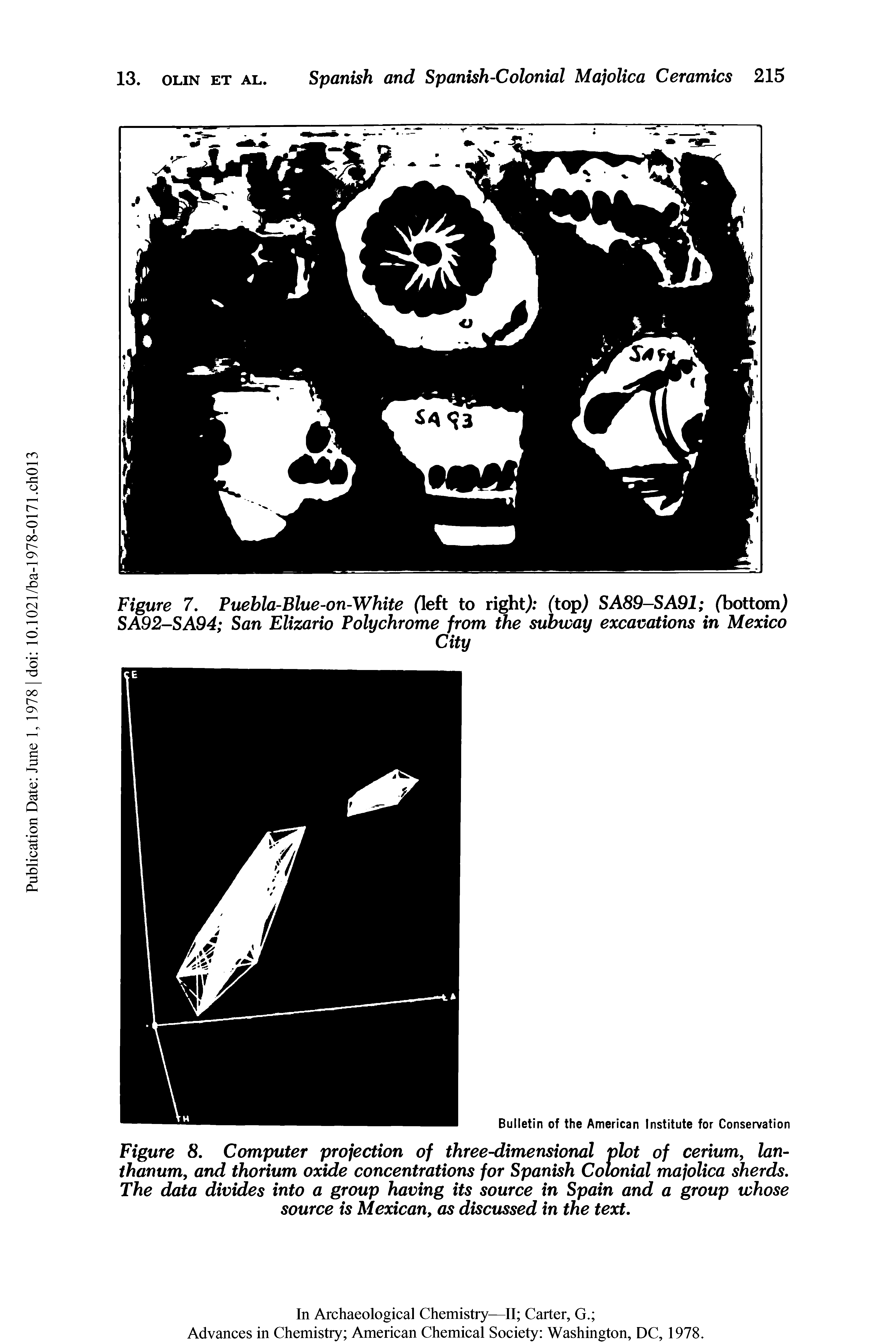 Figure 8. Computer projection of three-dimensional plot of cerium, lanthanum, and thorium oxide concentrations for Spanish Colonial majolica sherds. The data divides into a group having its source in Spain and a group whose source is Mexican, as discussed in the text.