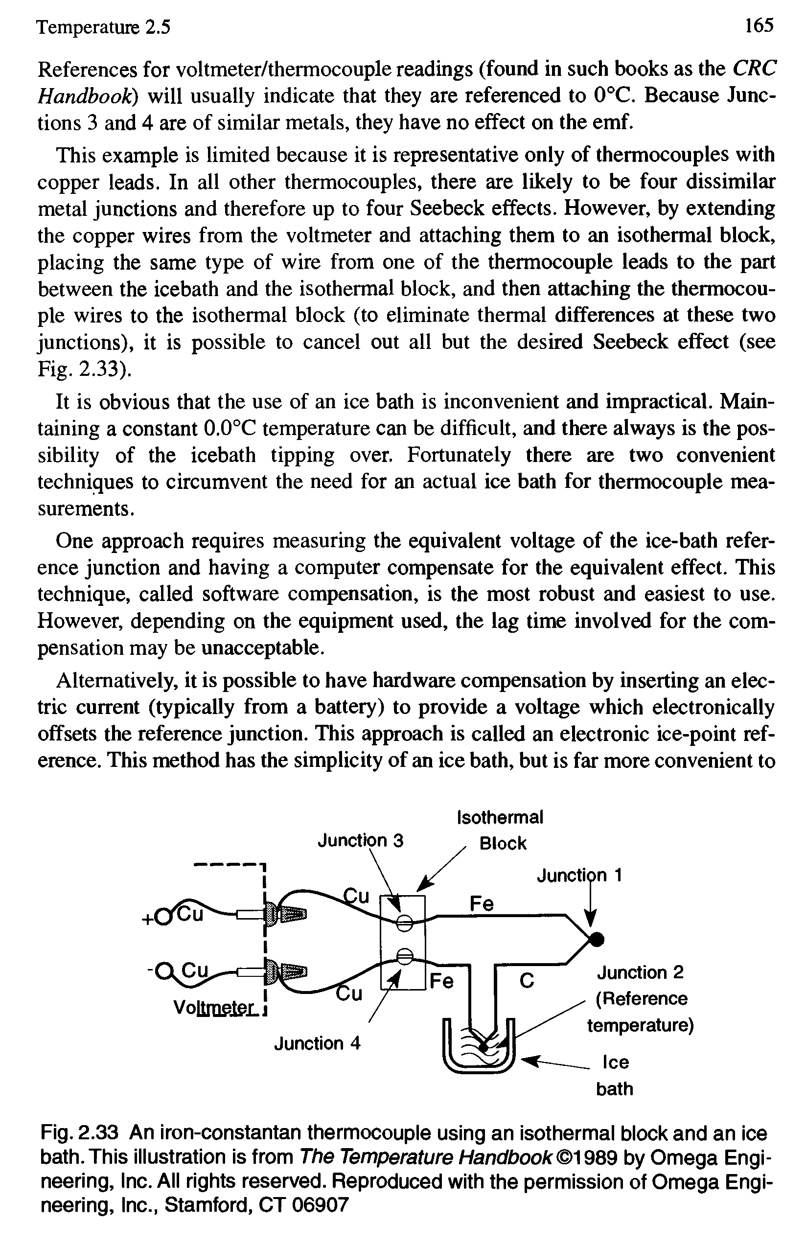 Fig. 2.33 An iron-constantan thermocouple using an isothermal block and an ice bath. This illustration is from The Temperature Handbook 1989 by Omega Engineering, Inc. All rights reserved. Reproduced with the permission of Omega Engineering, Inc., Stamford, CT 06907...