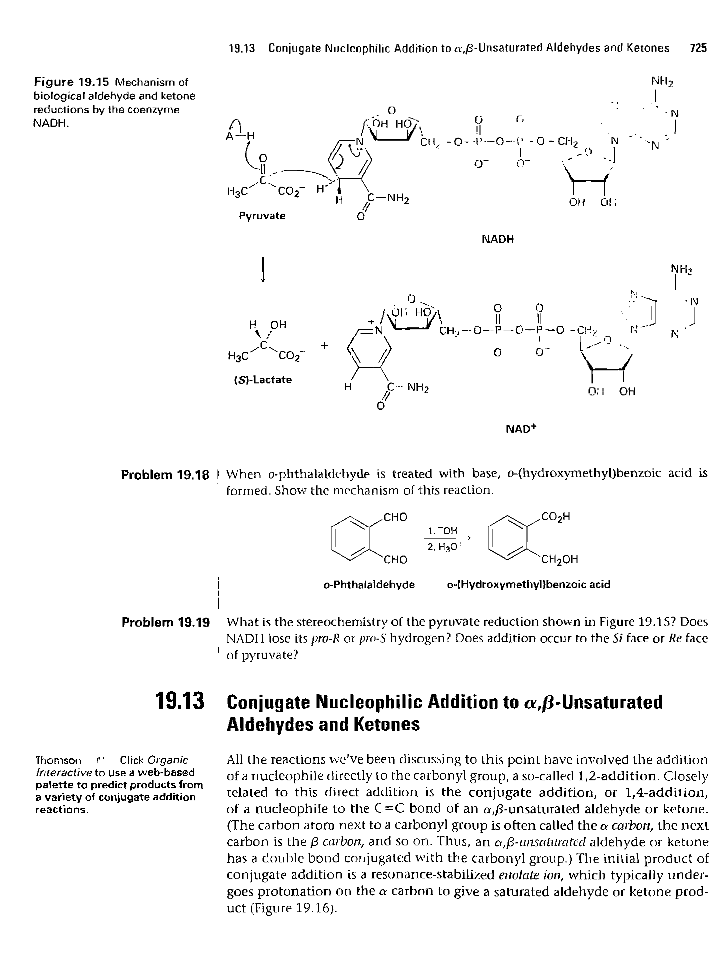 Figure 19.15 Mechanism of biological aldehyde and ketone reductions by the coenzyme NADH.