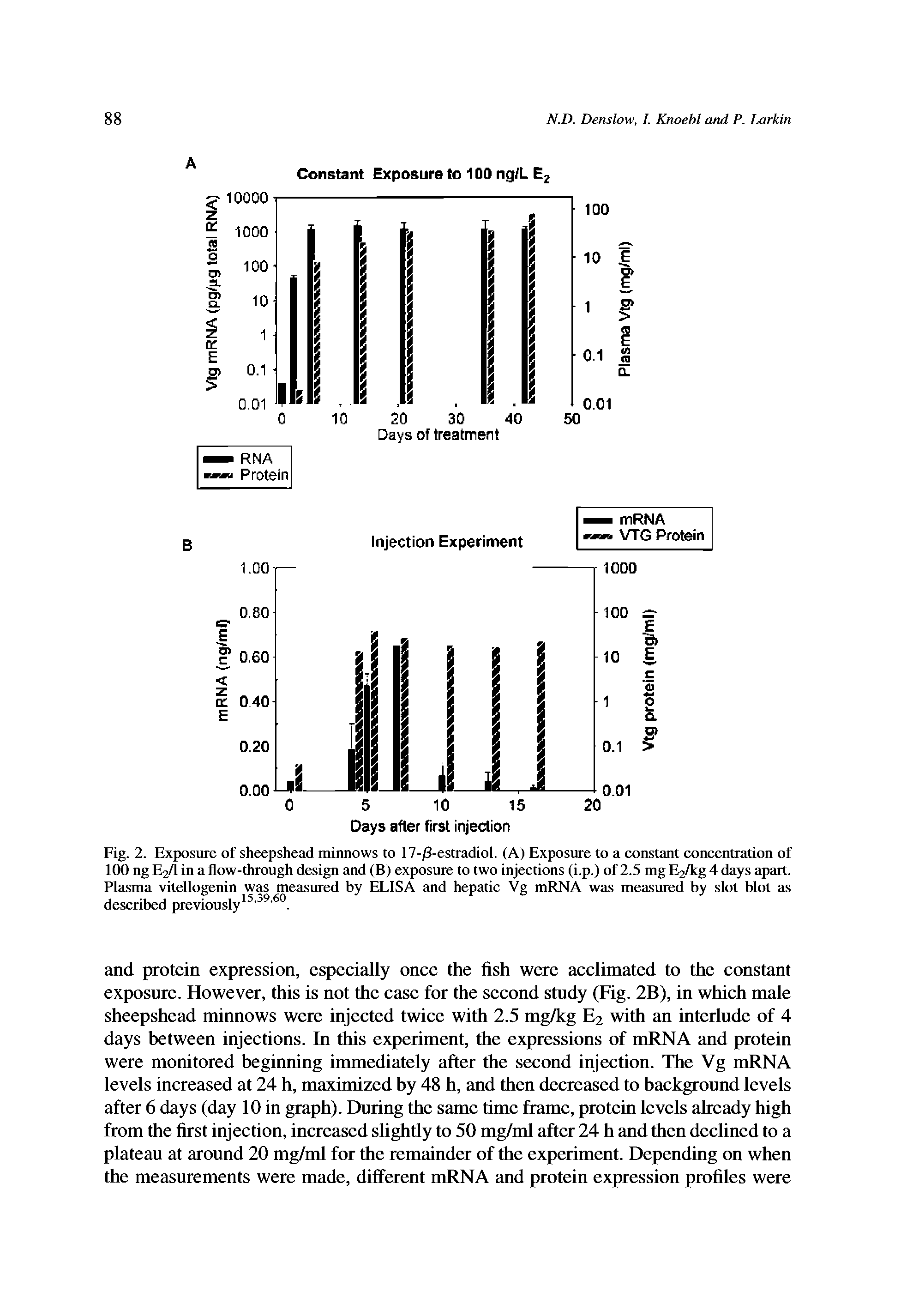Fig. 2. Exposure of sheepshead minnows to 17-/3-estradiol. (A) Exposure to a constant concentration of 100 ng E2/l in a flow-through design and (B) exposure to two injections (i.p.) of 2.5 mg E2/kg 4 days apart. Plasma vitellogenin was measured by ELISA and hepatic Vg mRNA was measured by slot blot as described previously15,39,60.