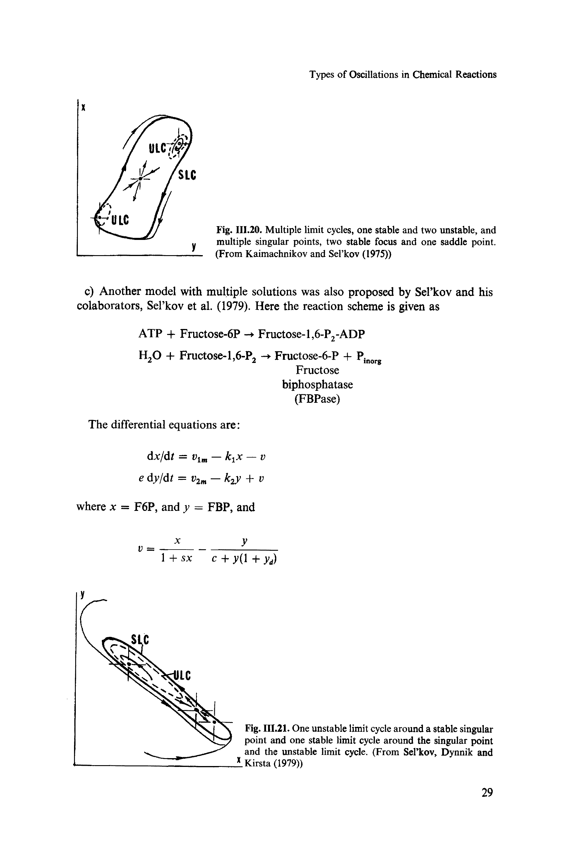 Fig. III.20. Multiple limit cycles, one stable and two unstable, and multiple singular points, two stable focus and one saddle point. (From Kaimachnikov and Sel kov (1975))...