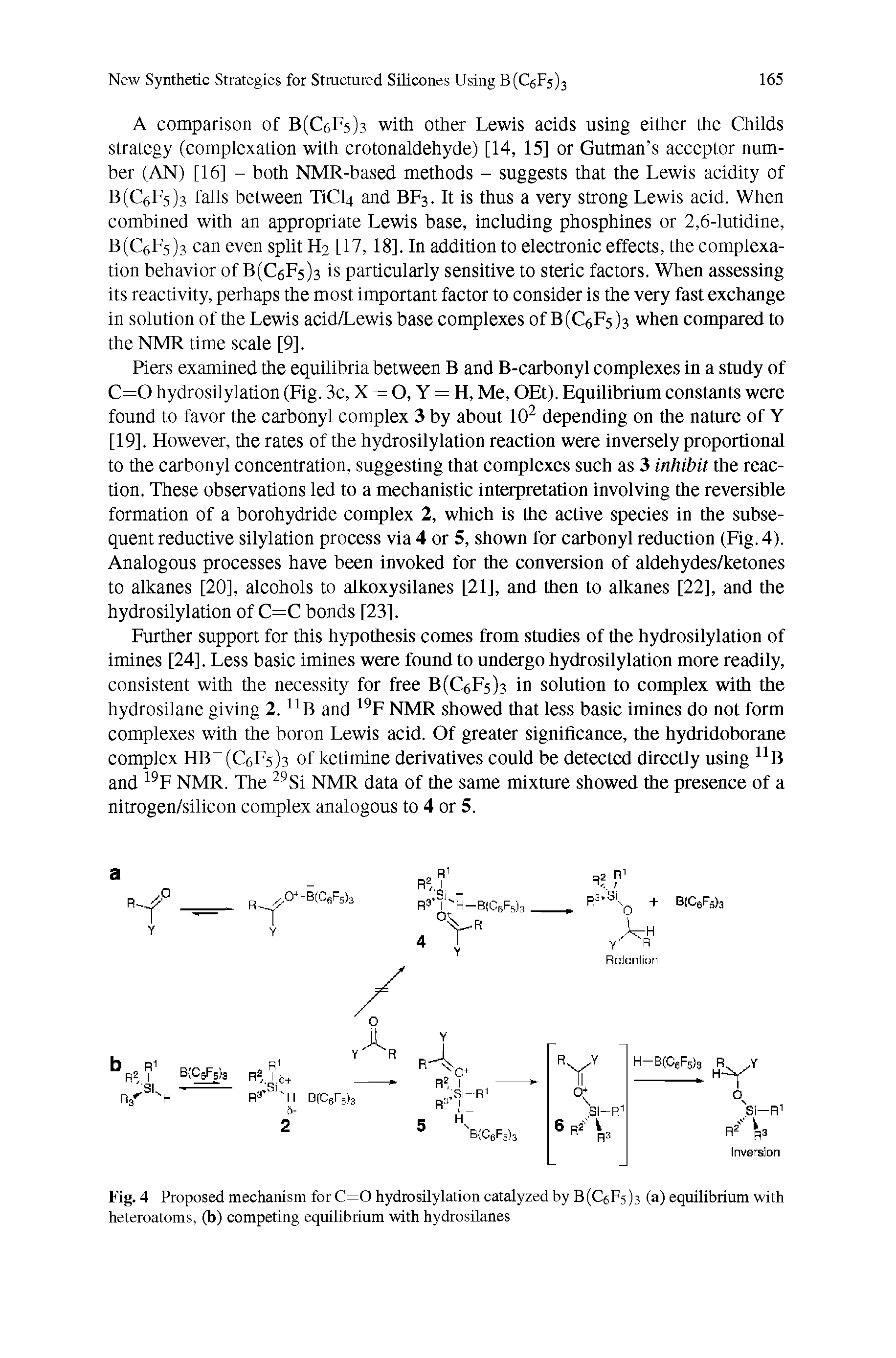 Fig. 4 Proposed mechanism for C=0 hydrosilylation catalyzed by B(C6p5 [3 (a) equiUbtium with heteroatoms, (b) competing equilibrium with hydrosUanes...