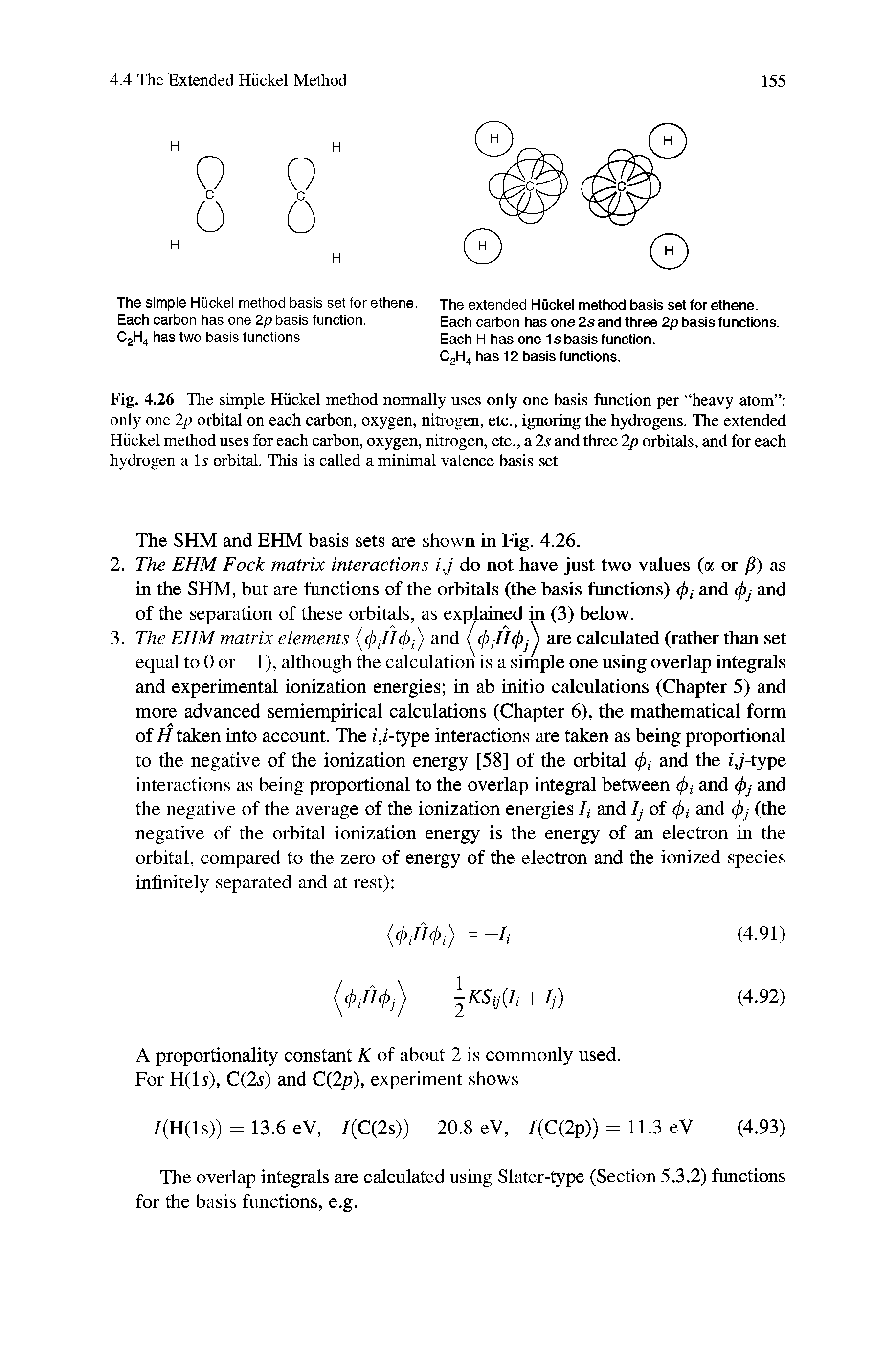 Fig. 4.26 The simple Huckel method normally uses only one basis function per heavy atom only one 2p orbital on each carbon, oxygen, nitrogen, etc., ignoring the hydrogens. The extended Huckel method uses for each carbon, oxygen, nitrogen, etc., a 2s and three 2p orbitals, and for each hydrogen a Is orbital. This is called a minimal valence basis set...
