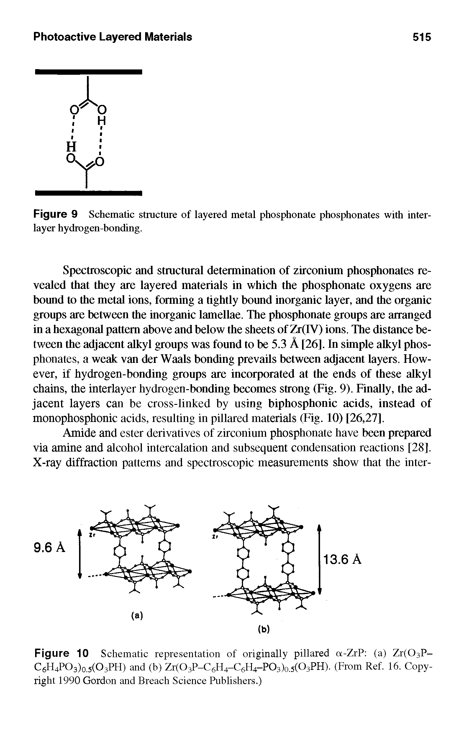 Figure 9 Schematic structure of layered metal phosphonate phosphonates with interlayer hydrogen-bonding.