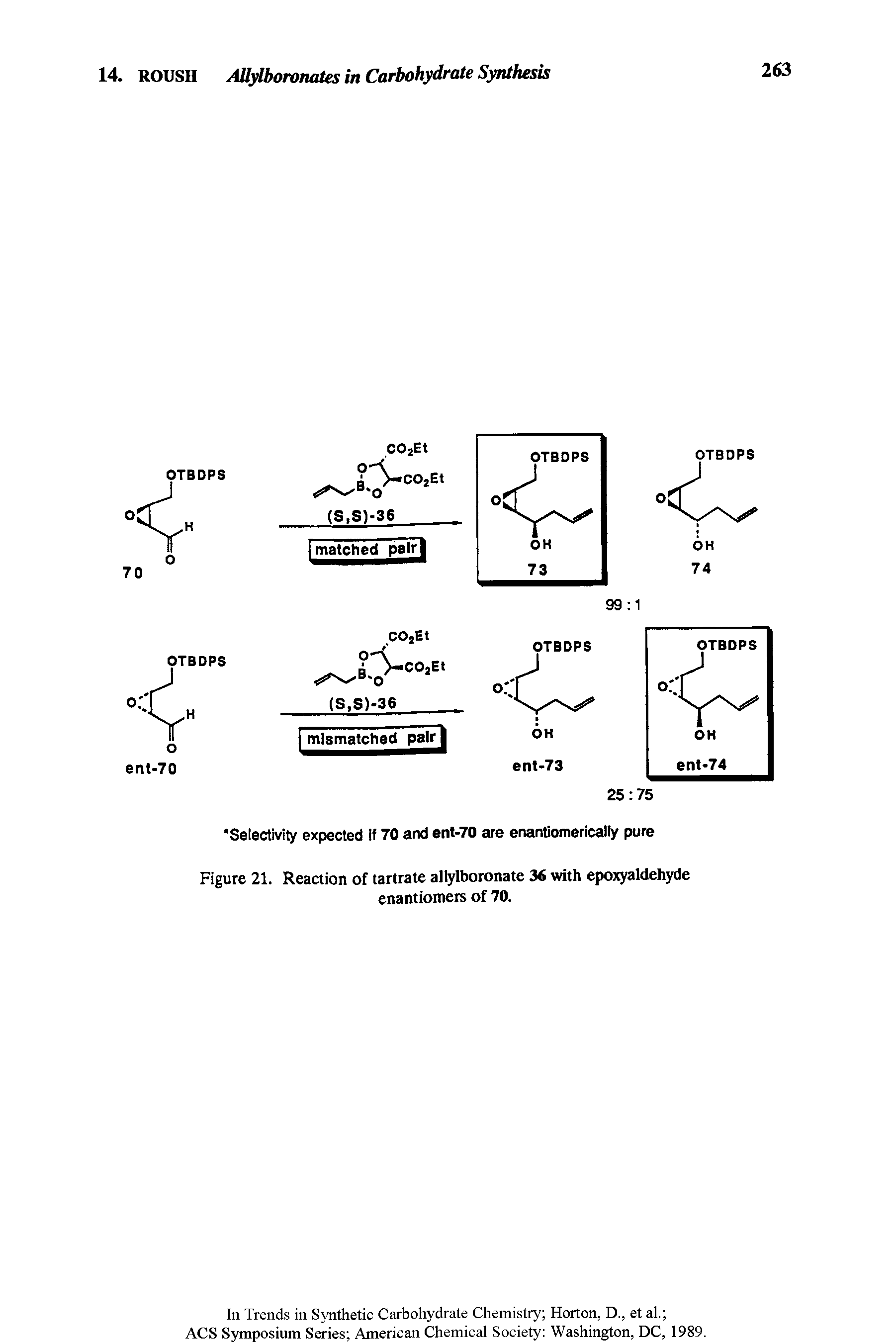 Figure 21. Reaction of tartrate allylboronate 36 with epojQ aldehyde enantiomers of 70.