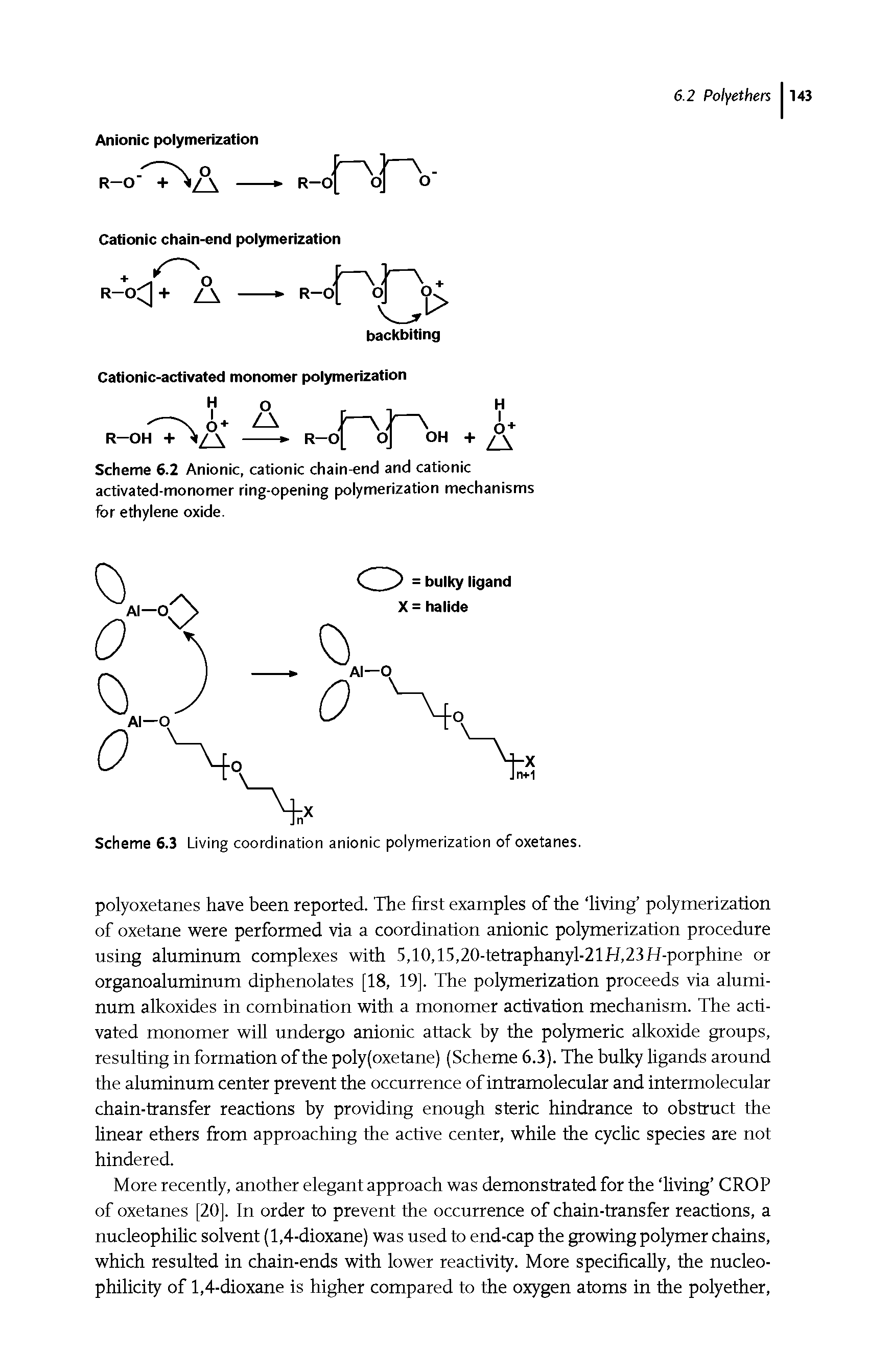 Scheme 6.2 Anionic, cationic chain-end and cationic activated-monomer ring-opening polymerization mechanisms for ethylene oxide.