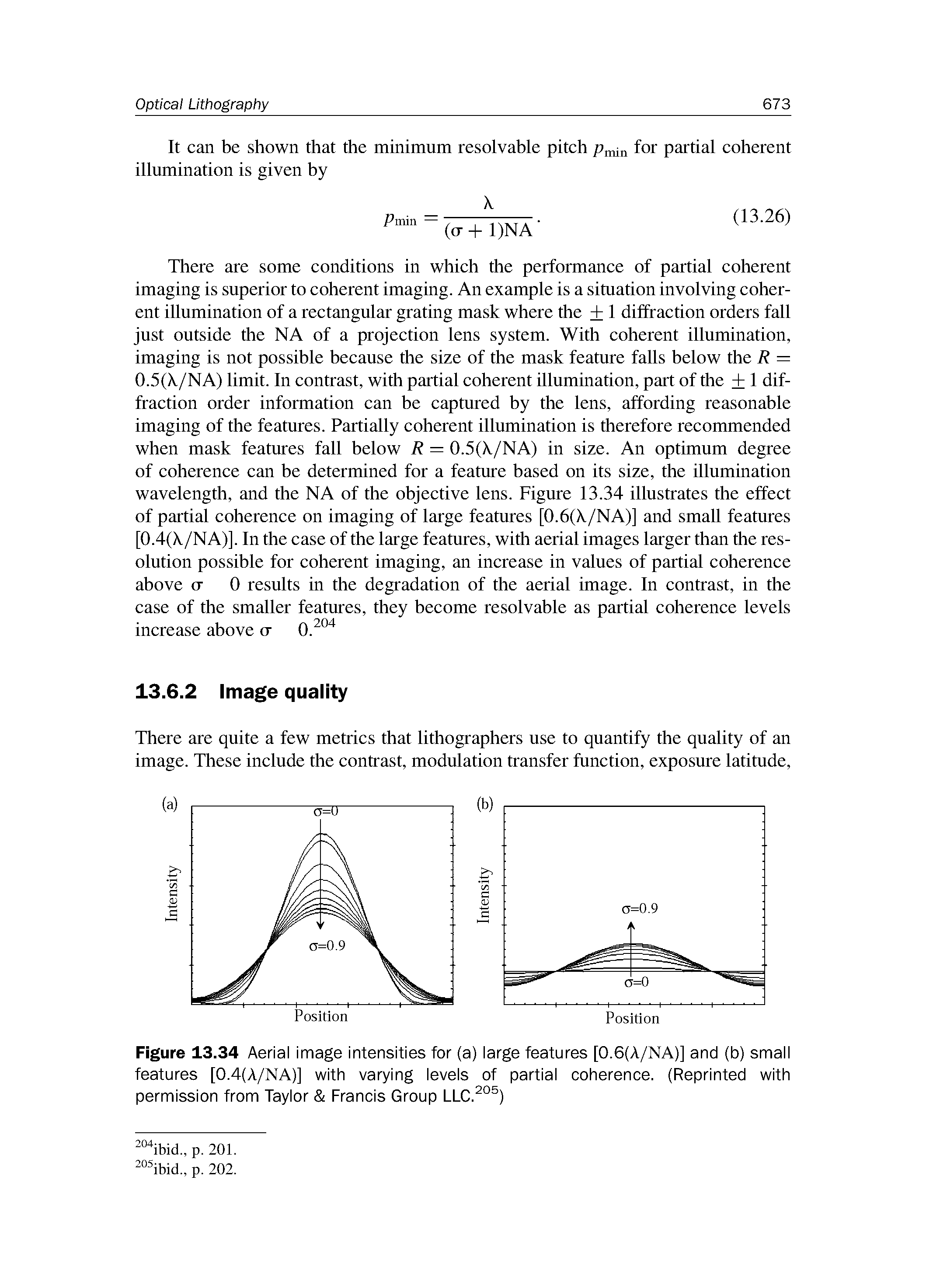 Figure 13.34 Aerial image intensities for (a) large features [0.6(A/NA)] and (b) small features [0.4(A/NA)] with varying levels of partial coherence. (Reprinted with...