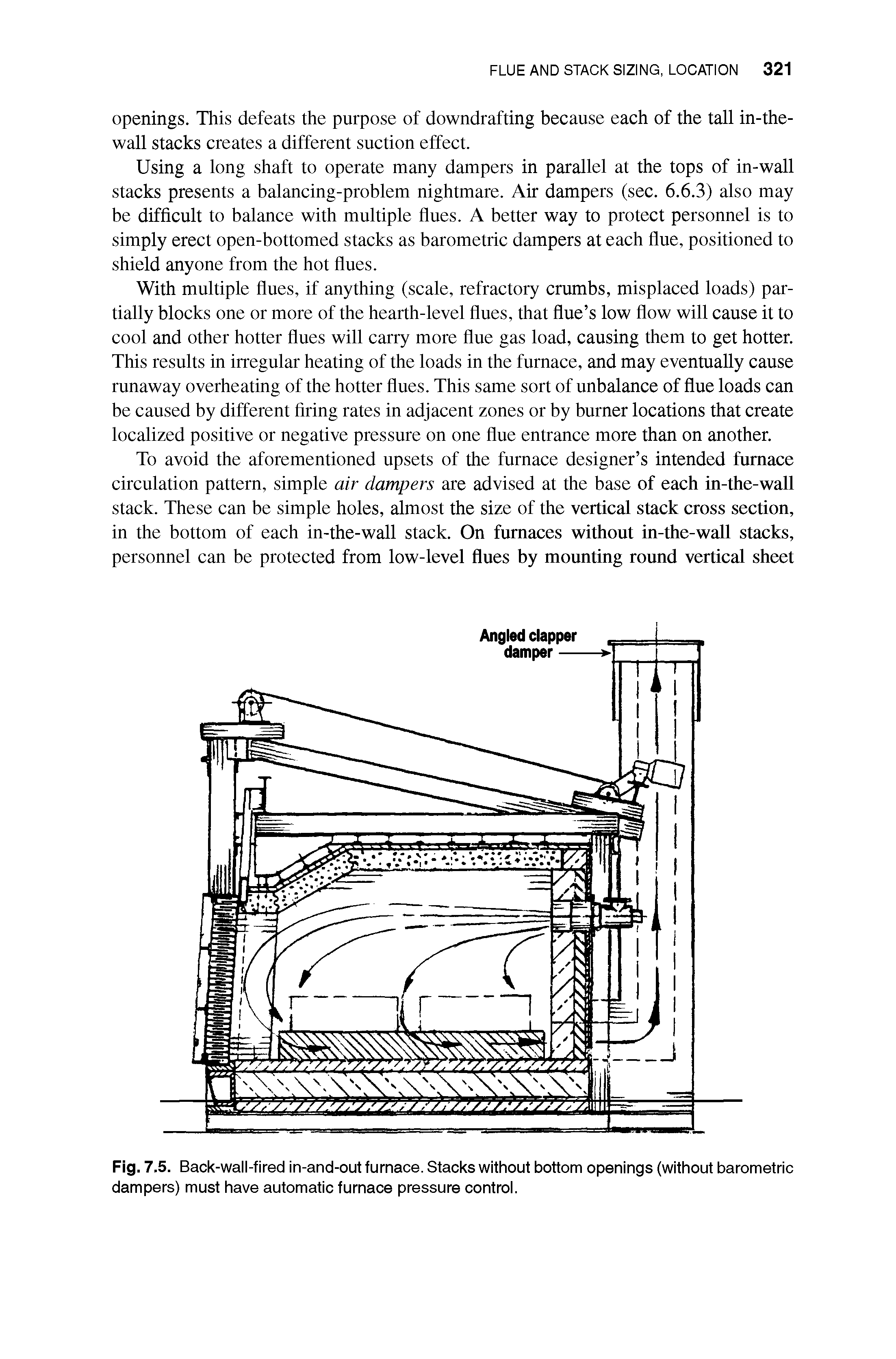 Fig. 7.5. Back-wall-fired in-and-out furnace. Stacks without bottom openings (without barometric dampers) must have automatic furnace pressure control.