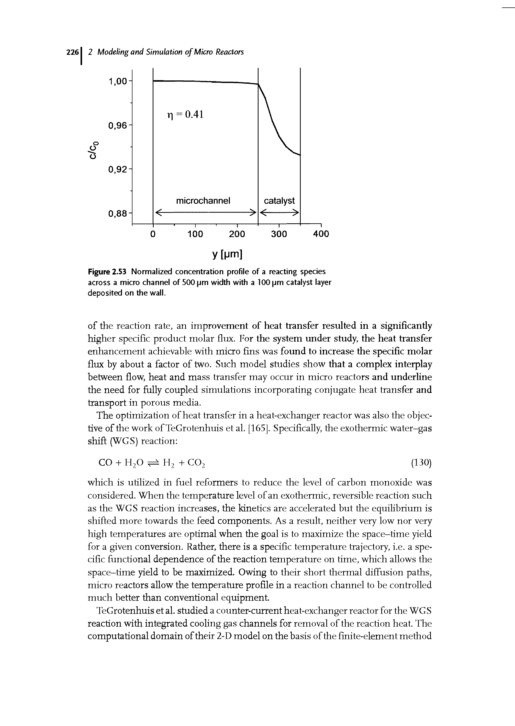 Figure 2.53 Normalized concentration profile of a reacting species across a micro channel of 500 pm width with a 100 pm catalyst layer deposited on the wall.