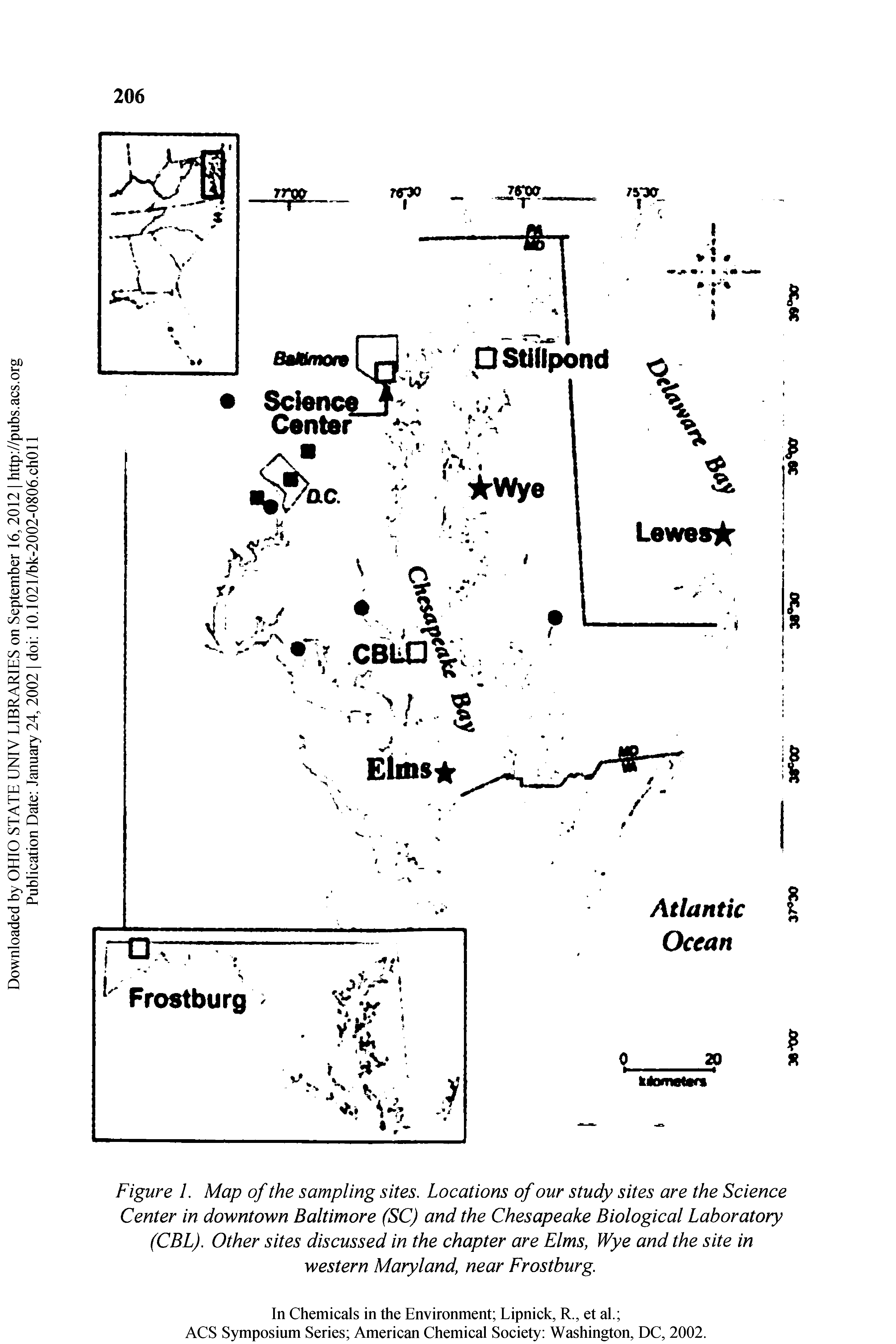 Figure L Map of the sampling sites. Locations of our study sites are the Science Center in downtown Baltimore (SC) and the Chesapeake Biological Laboratory (CBL). Other sites discussed in the chapter are Elms, Wye and the site in western Maryland, near Frostburg.