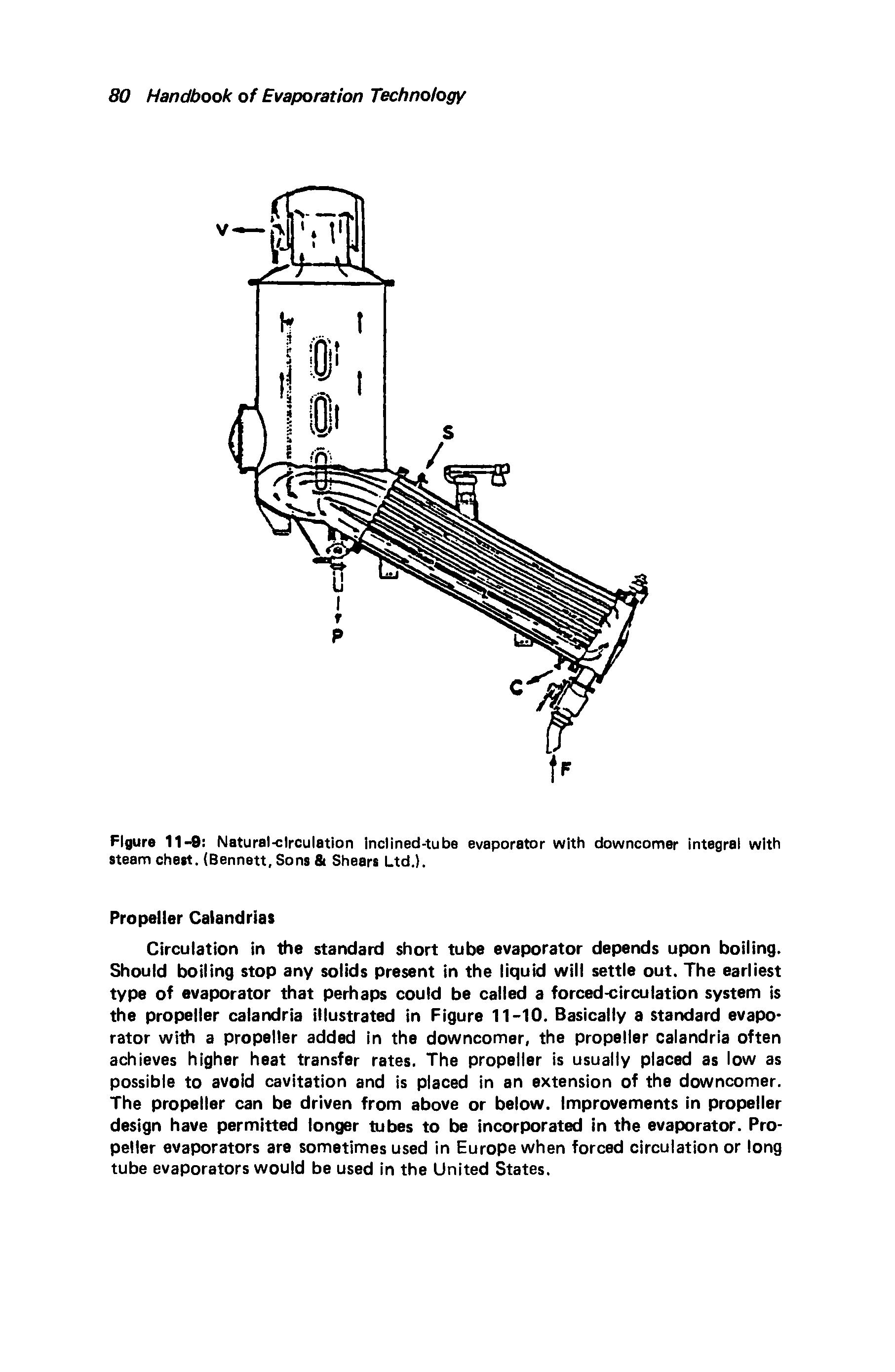 Figure 11-9 Natural-circulation Inclined-tube evaporator with downcomer integrel with steam chest. (Bennett, Sons Shears Ltd.).
