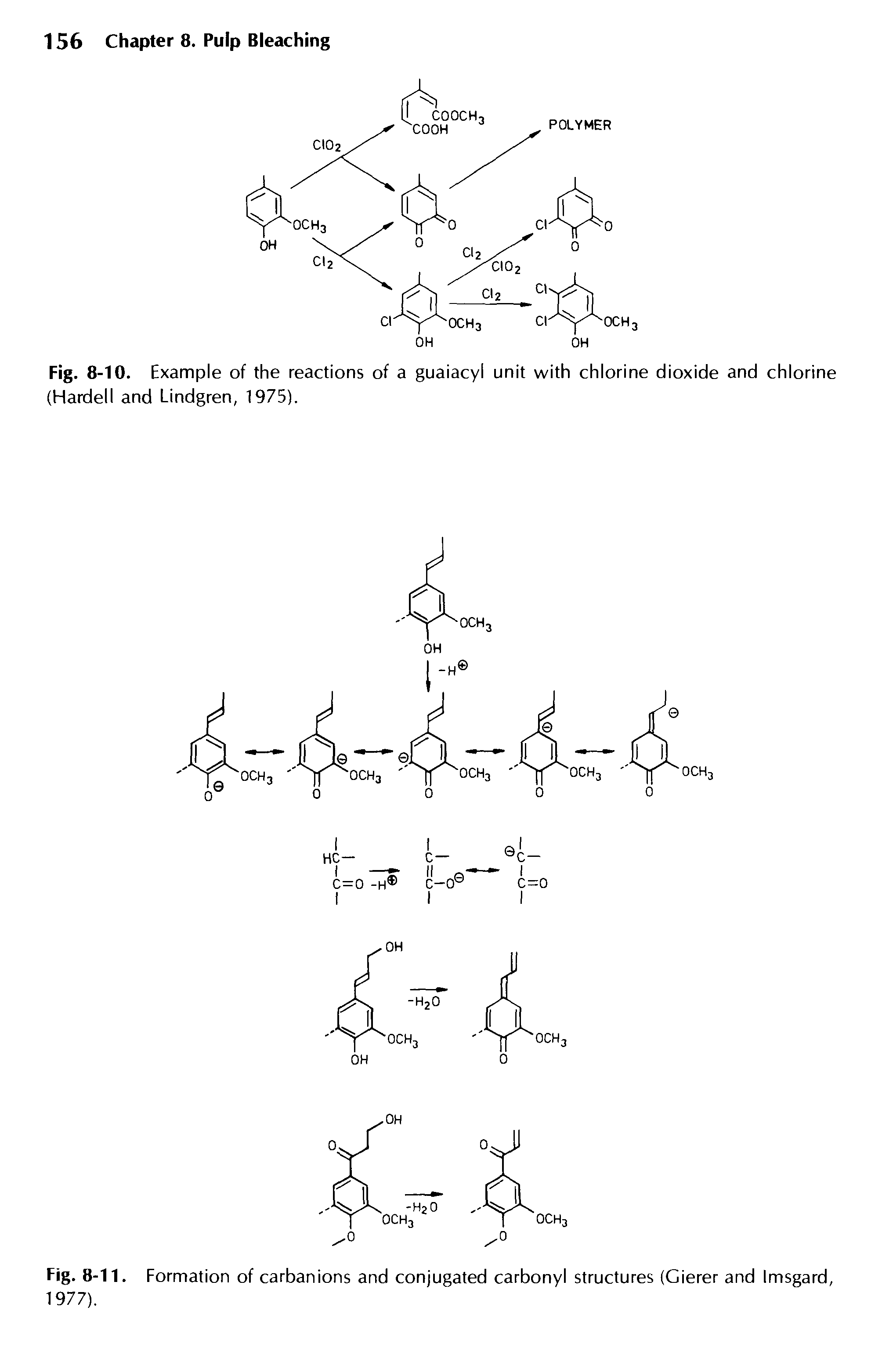 Fig. 8-10. Example of the reactions of a guaiacyl unit with chlorine dioxide and chlorine (Hardell and Lindgren, 1975).