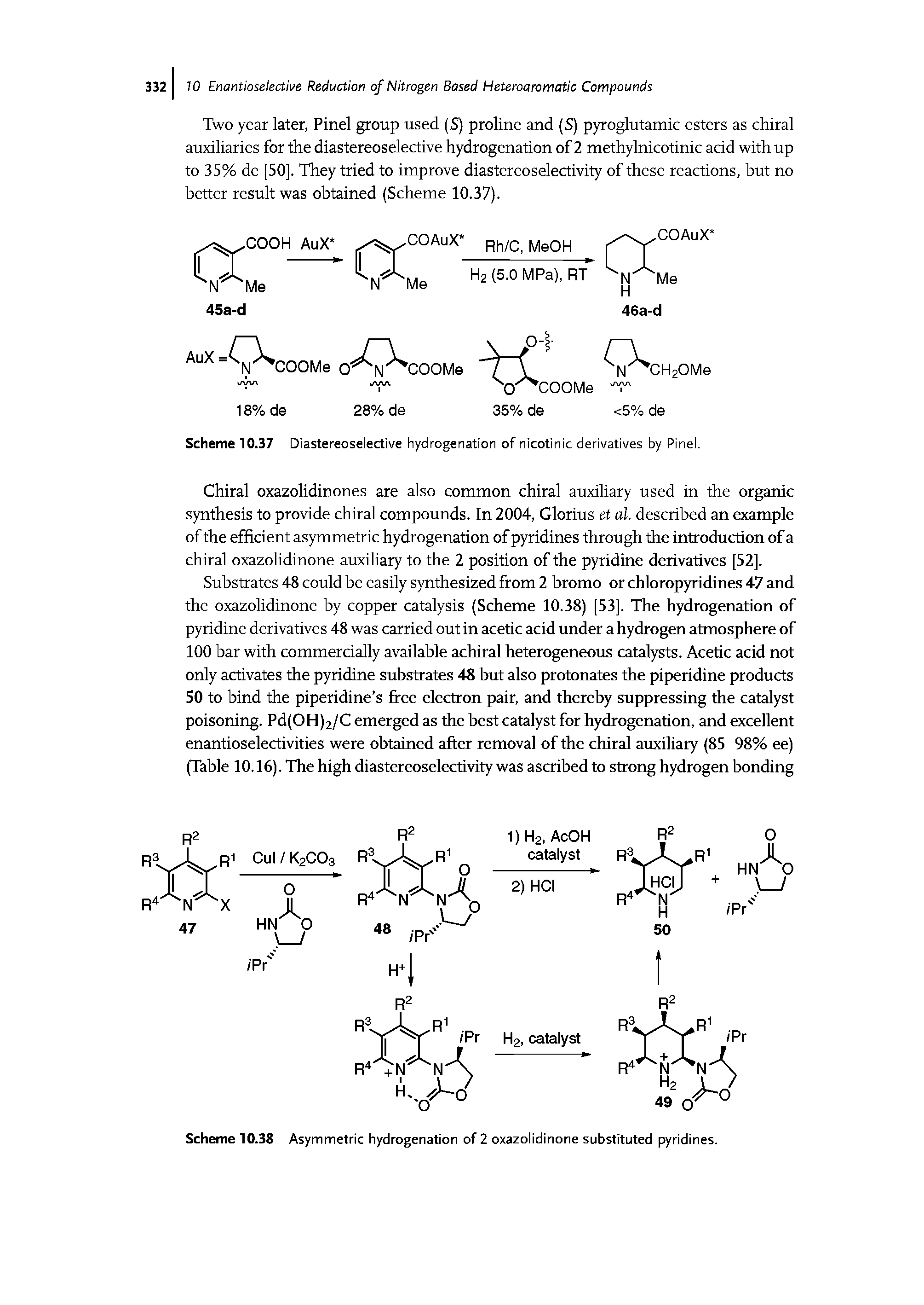 Scheme 10.37 Diastereoselective hydrogenation of nicotinic derivatives by Pinel.