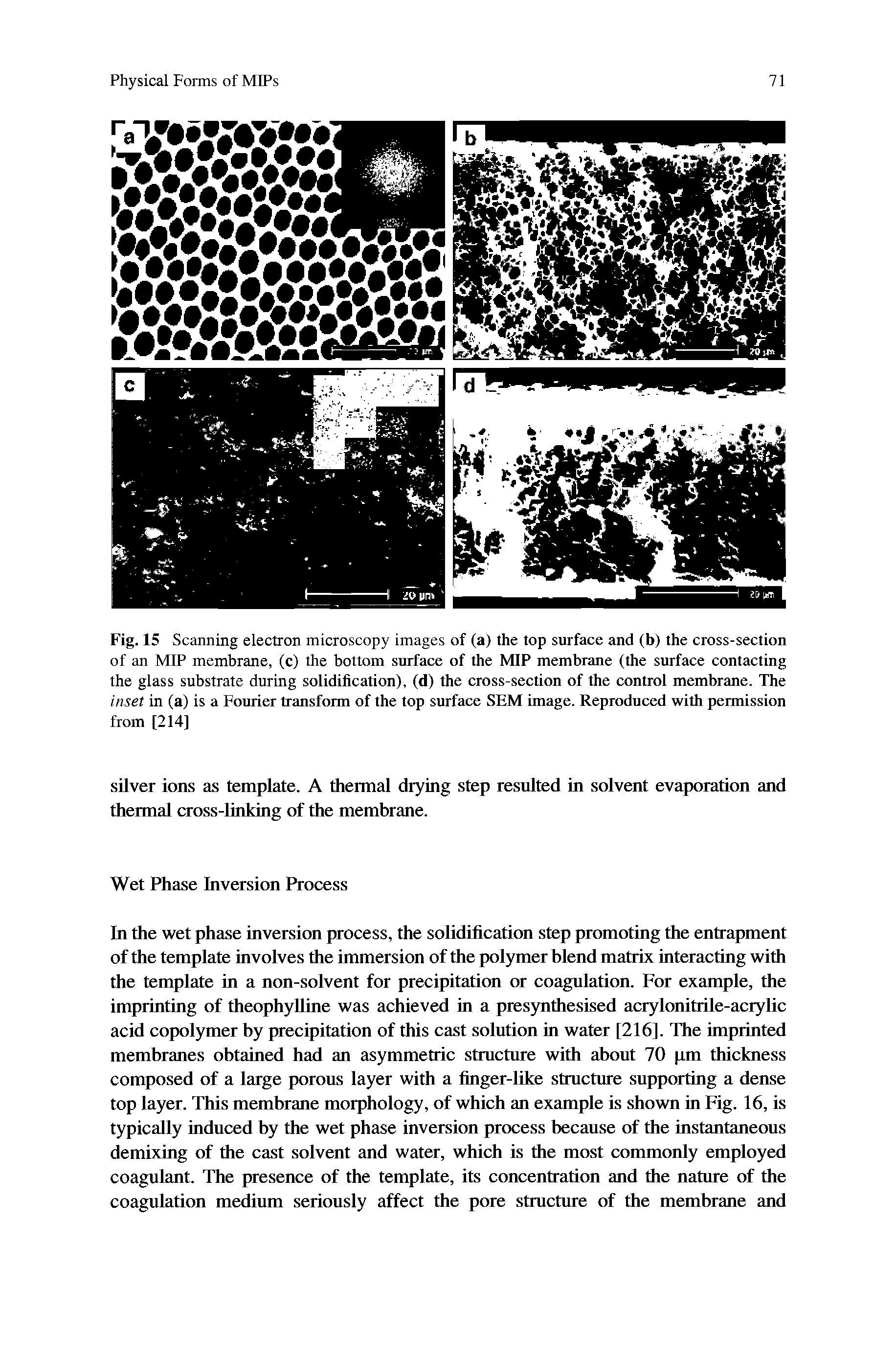 Fig. 15 Scanning electron microscopy images of (a) the top surface and (b) the cross-section of an MIP membrane, (c) the bottom surface of the MIP membrane (the surface contacting the glass substrate during solidification), (d) the cross-section of the control membrane. The inset in (a) is a Fourier transform of the top surface SEM image. Reproduced with permission from [214]...