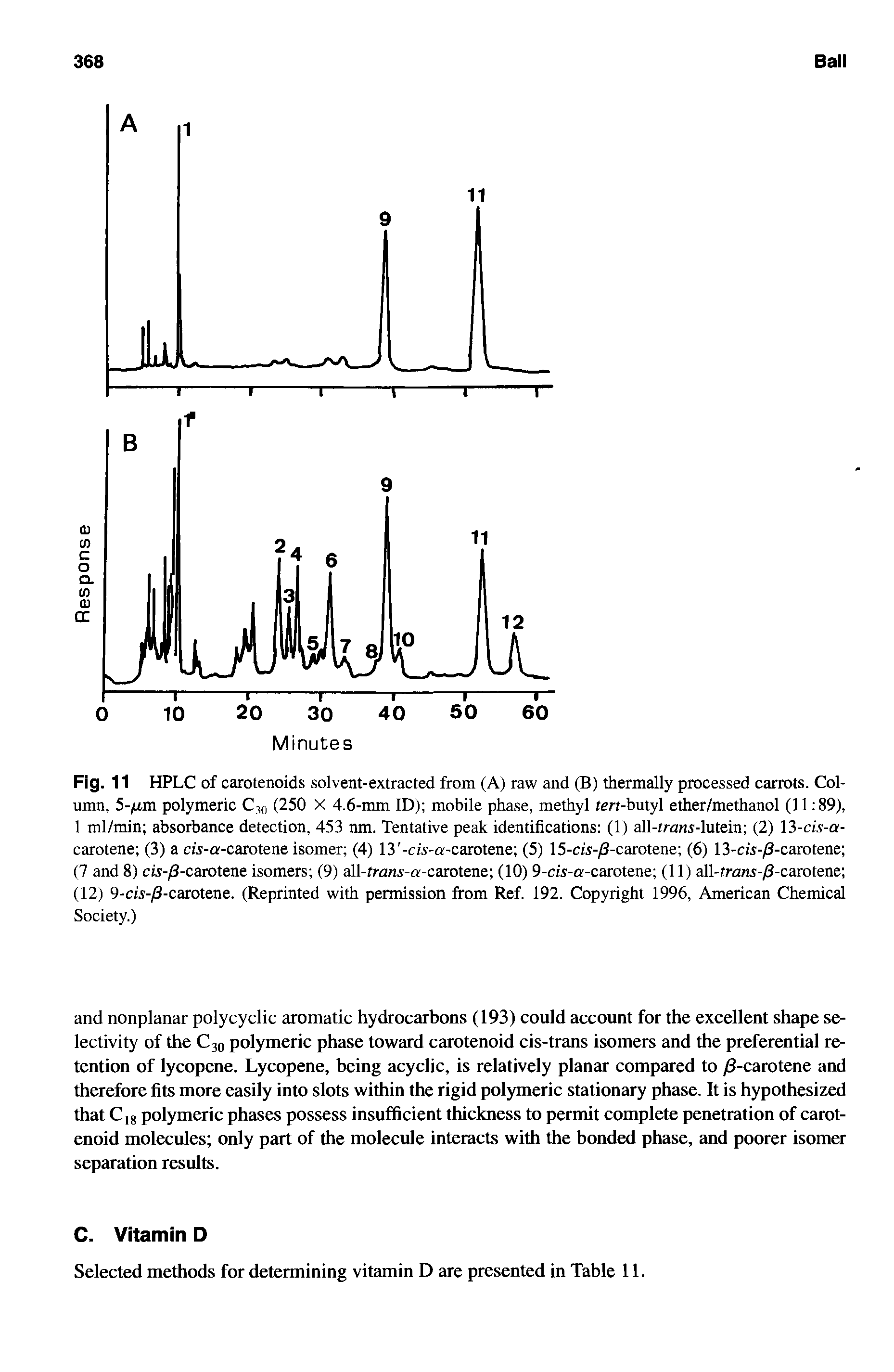 Fig. 11 HPLC of carotenoids solvent-extracted from (A) raw and (B) thermally processed carrots. Column, 5-/um polymeric C1(J (250 X 4.6-mm ID) mobile phase, methyl tert-butyl ether/methanol (11 89), 1 ml/min absorbance detection, 453 nm. Tentative peak identifications (1) all-trans-lutein (2) 13-cis-a-carotene (3) a cis-a-carotene isomer (4) 13 -cA-a-carotene (5) 15-cis-/3-carotene (6) 13-cis-/3-carotene (7 and 8) cis-fi-carotene isomers (9) all-frans-a-carotene (10) 9-cis-a-carotene (11) all-frans-/3-carotene (12) 9-ci. -/3-carotene. (Reprinted with permission from Ref. 192. Copyright 1996, American Chemical Society.)...
