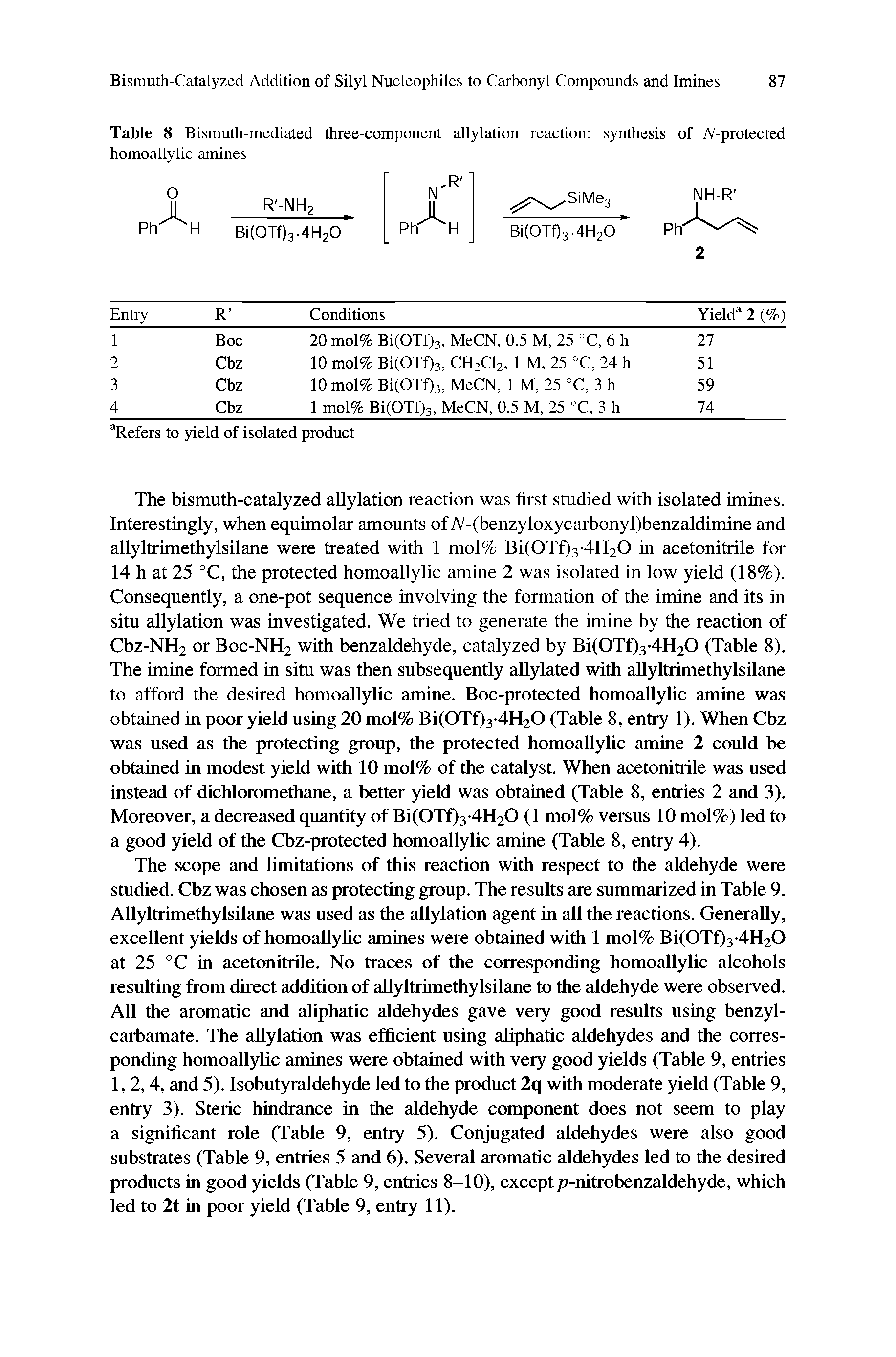 Table 8 Bismuth-mediated three-component allylation reaction synthesis of iV-protected homoallylic amines...