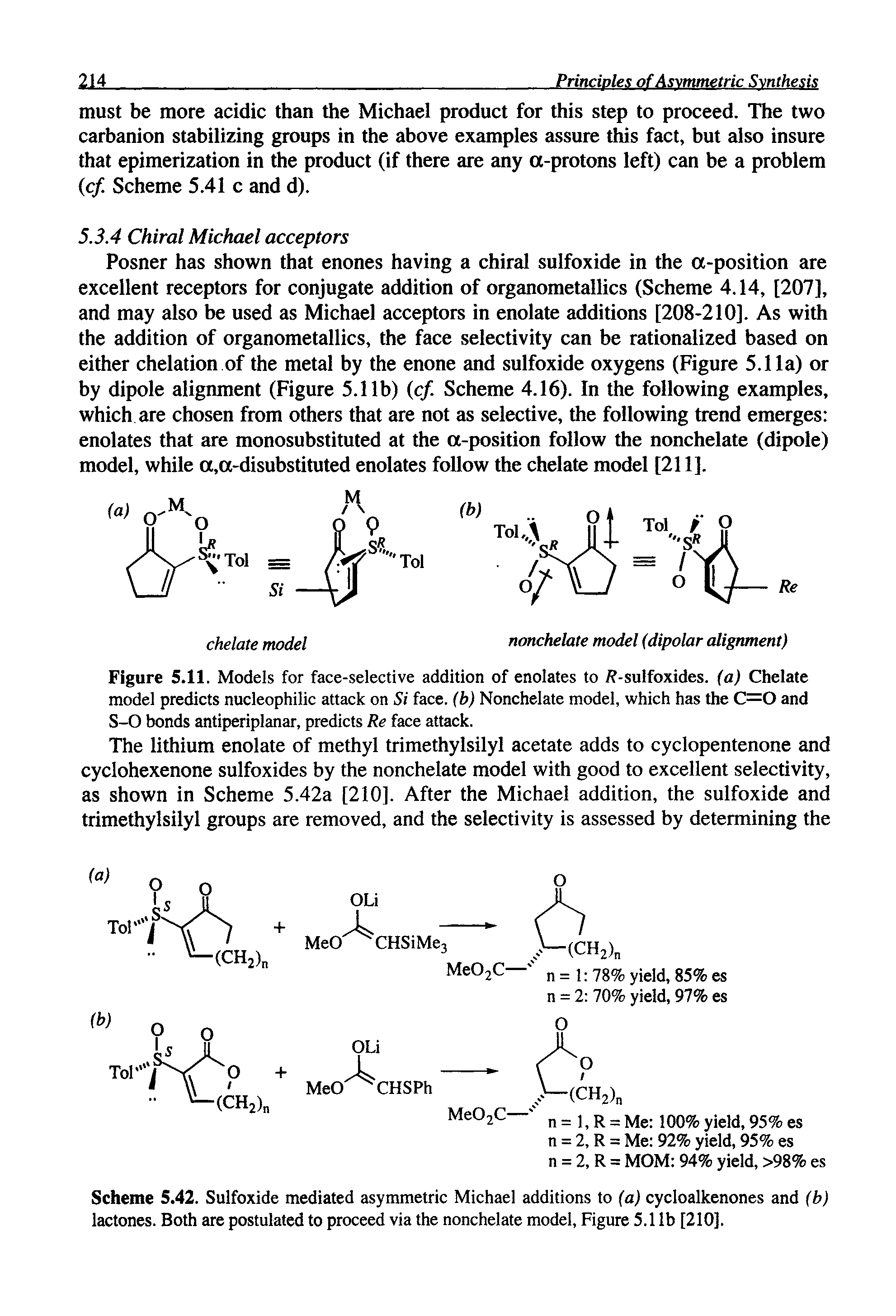 Figure 5.11. Models for face-selective addition of enolates to i -sulfoxides, (a) Chelate model predicts nucleophilic attack on Si face, (b) Nonchelate model, which has the C=0 and S-O bonds antiperiplanar, predicts Re face attack.