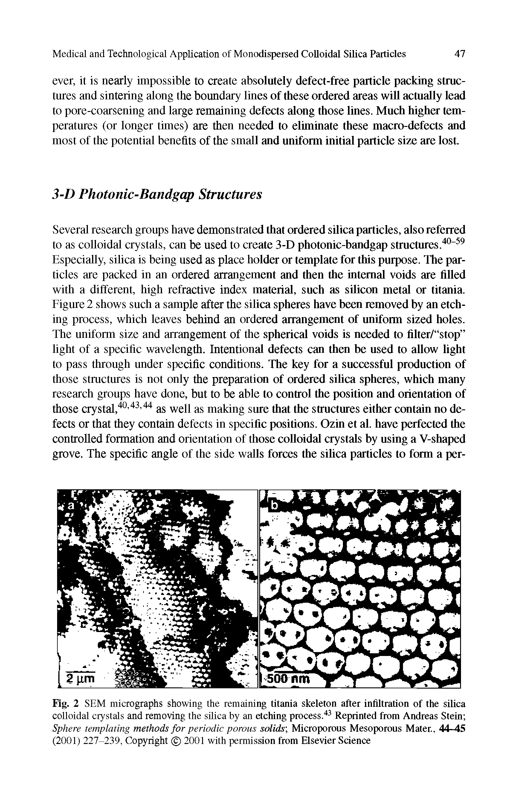 Fig. 2 SEM micrographs showing the remaining titania skeleton after infiltration of the silica colloidal crystals and removing the silica by an etching process. Reprinted from Andreas Stein Sphere templating methods for periodic porous solids, Microporous Mesoporous Mater., 44- 45 (2001) 227-239, Copyright 2001 with permission from Elsevier Science...