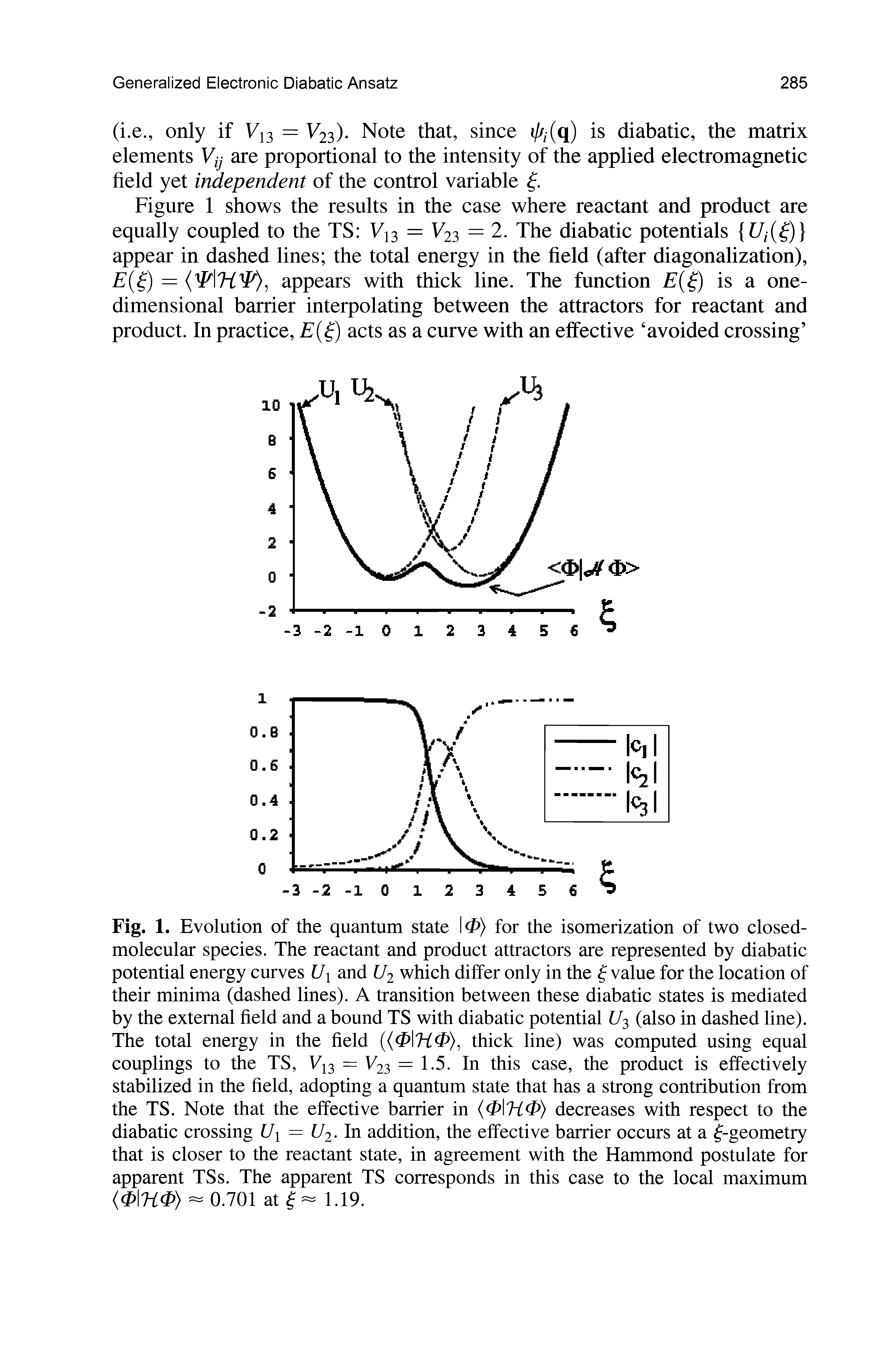 Fig. 1. Evolution of the quantum state <P) for the isomerization of two closed-molecular species. The reactant and product attractors are represented by diabatic potential energy curves Ui and U2 which differ only in the Rvalue for the location of their minima (dashed lines). A transition between these diabatic states is mediated by the external field and a bound TS with diabatic potential U3 (also in dashed line). The total energy in the field thick line) was computed using equal...