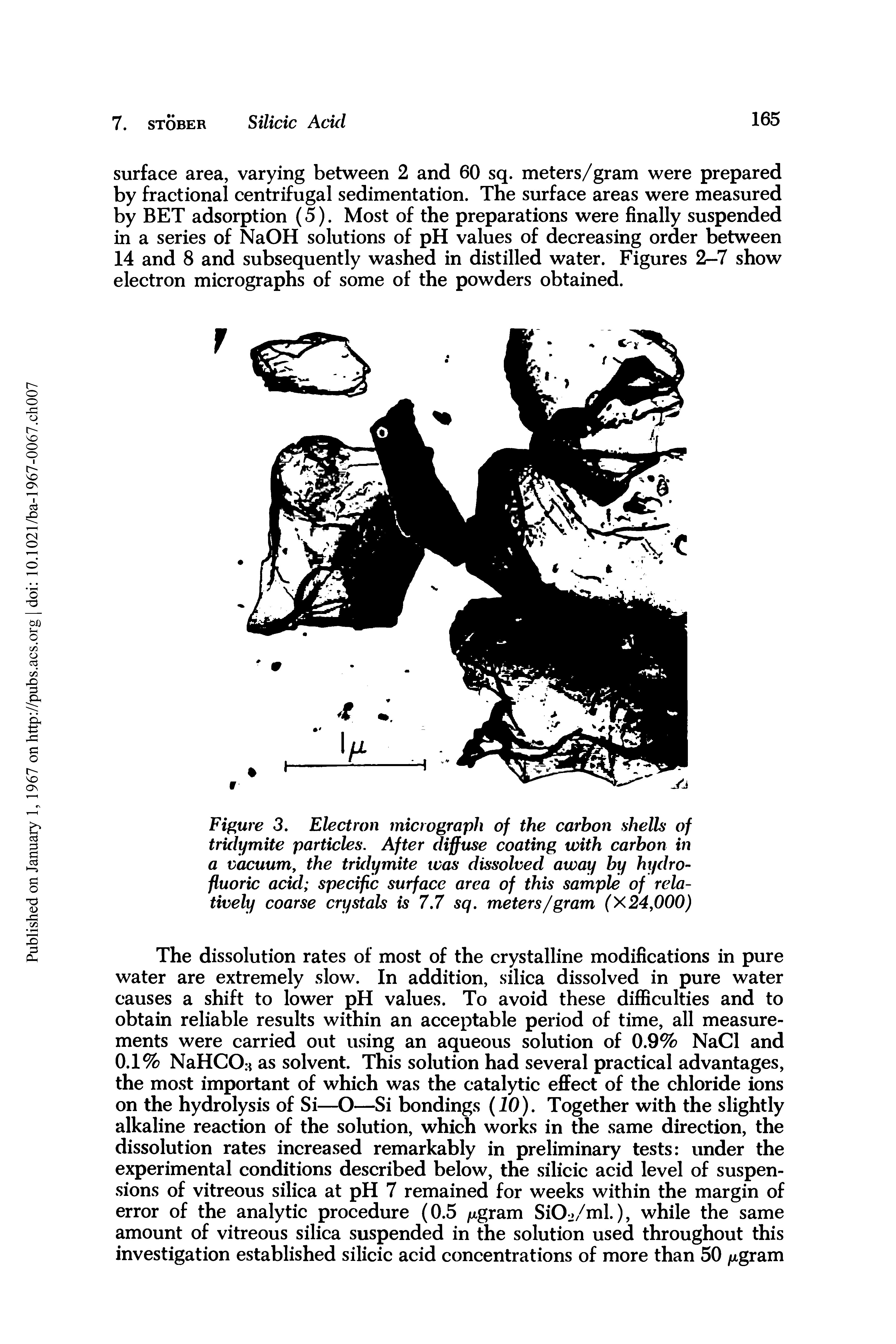 Figure 3. Electron micrograph of the carbon shells of tridymite particles. After diffuse coating with carbon in a vacuum, the tridymite was dissolved away by hydrofluoric acid specific surface area of this sample of relatively coarse crystals is 7.7 sq. meters/gram (X24,000)...