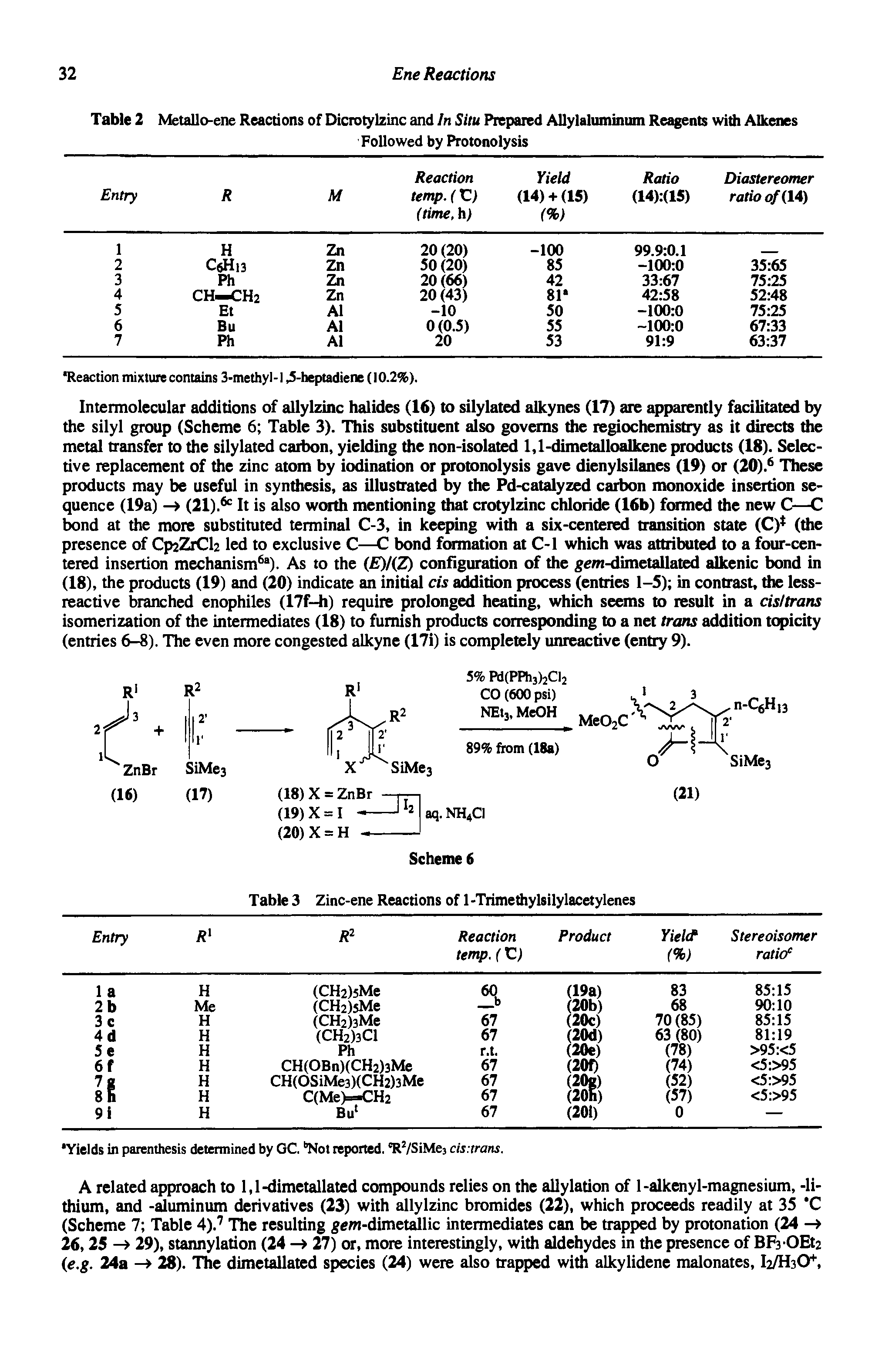 Table 2 Metallo-ene Reactions of Dicrotylzinc and In Situ Prepared Allylaluminum Reagents widi Alkenes...