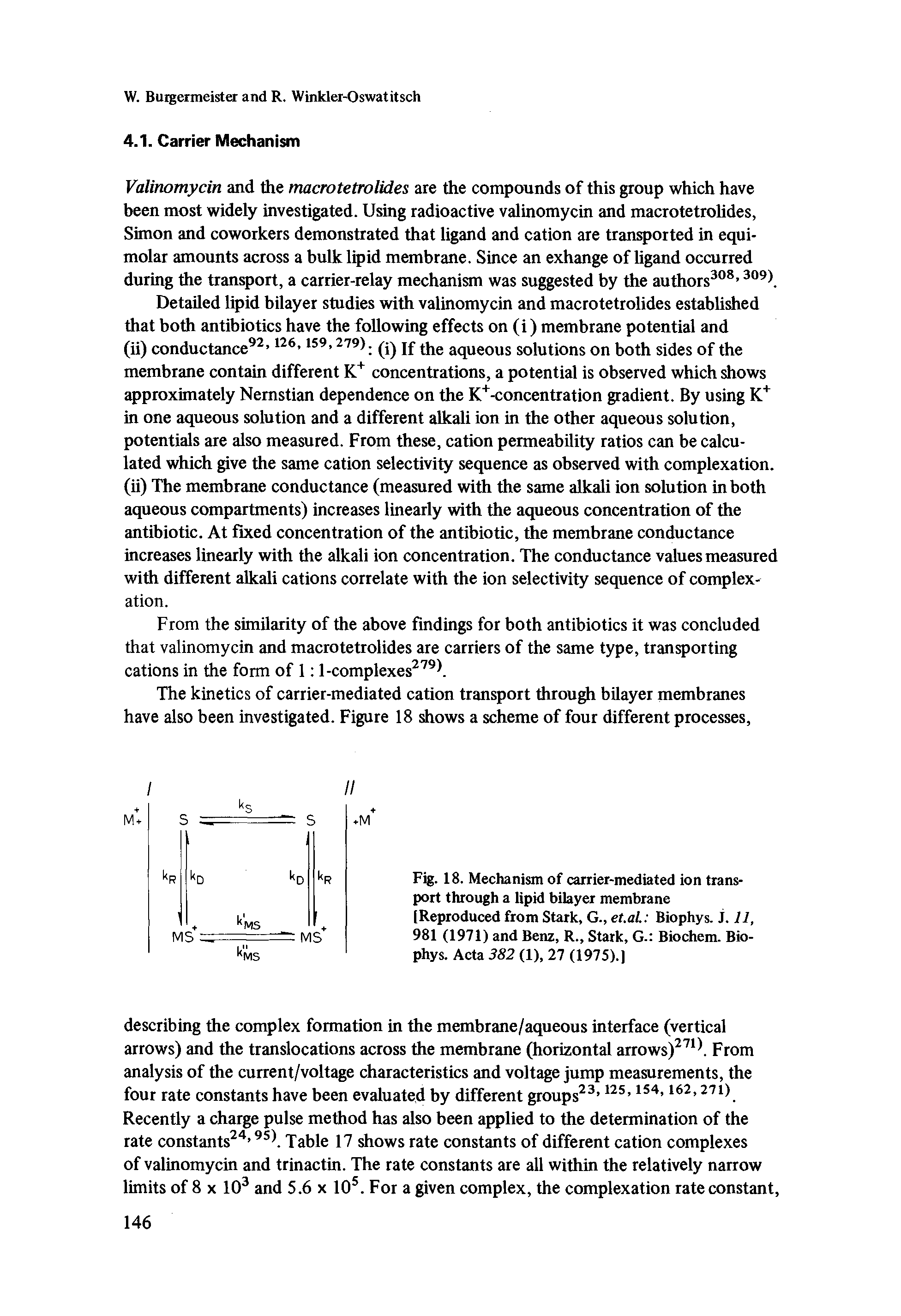 Fig. 18. Mechanism of carrier-mediated ion transport through a lipid bilayer membrane [Reproduced from Stark, G., et.al Biophys. j. 11, 981 (1971) and Benz, R., Stark, G. Biochem. Biophys. Acta 382 (1), 27 (1975).]...