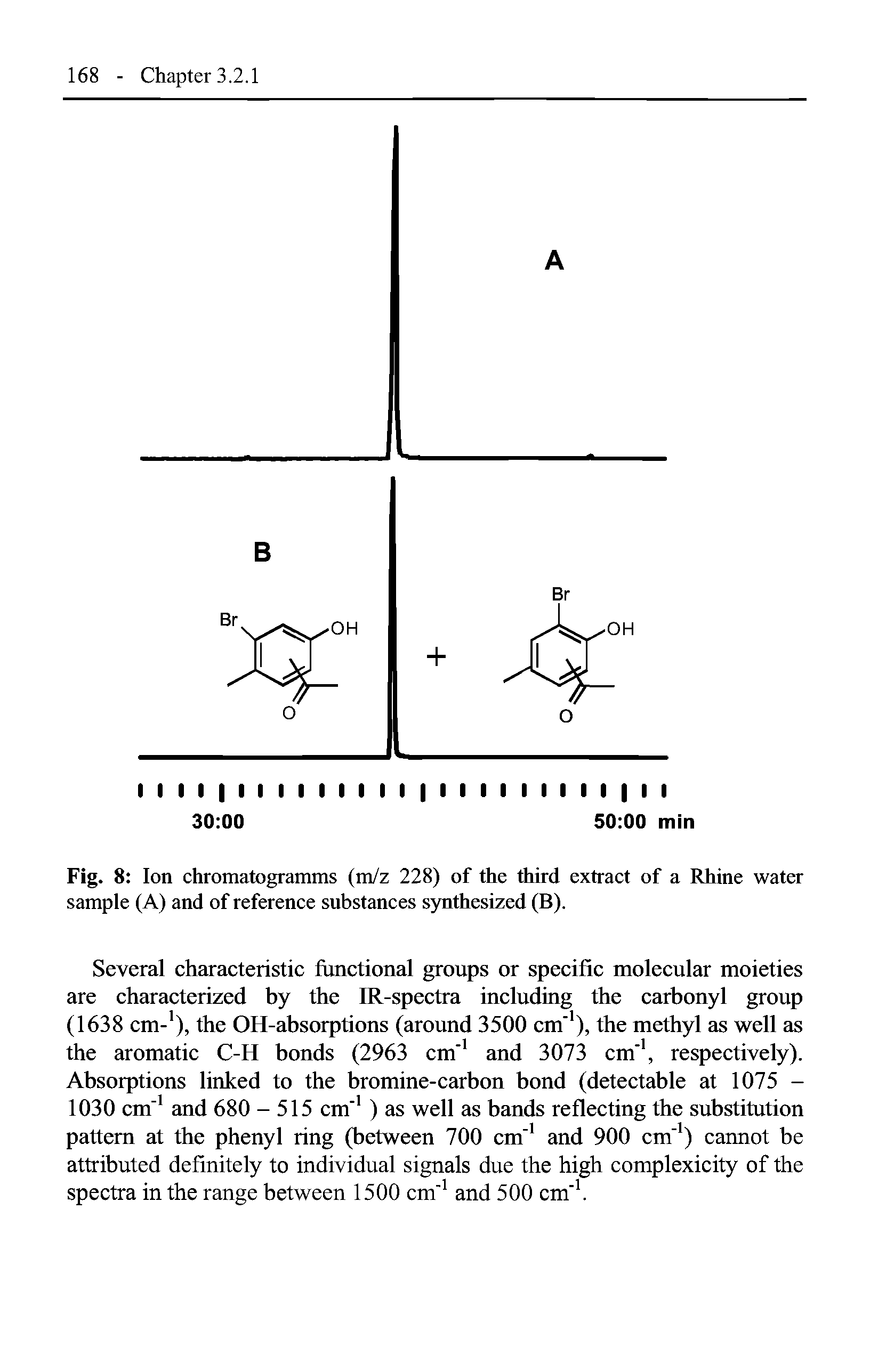 Fig. 8 Ion chromatogramms (m/z 228) of the third extract of a Rhine water sample (A) and of reference substances synthesized (B).
