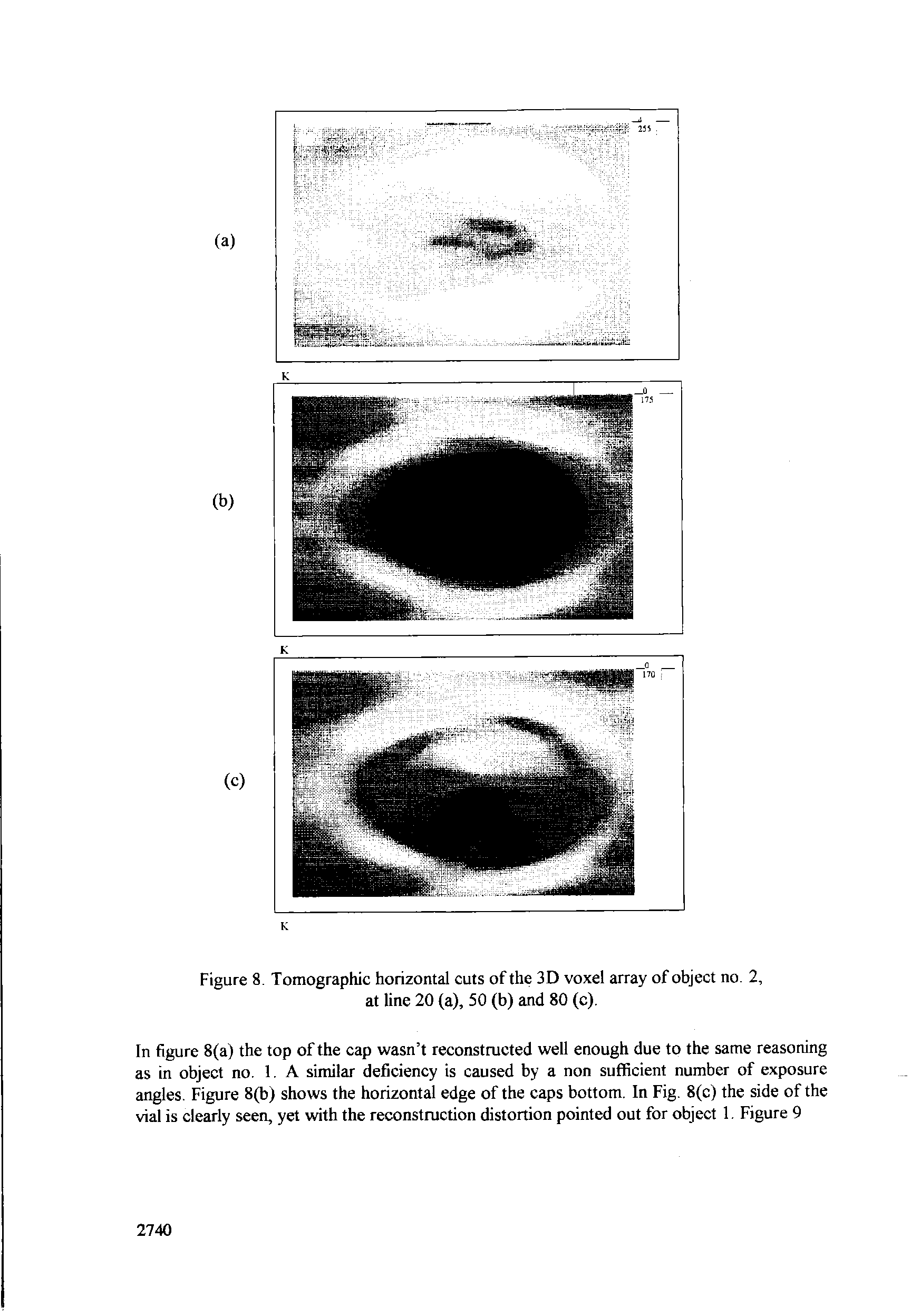 Figure 8. Tomographic horizontal cuts of the 3D voxel array of object no. 2, at line 20 (a), 50 (b) and 80 (c).