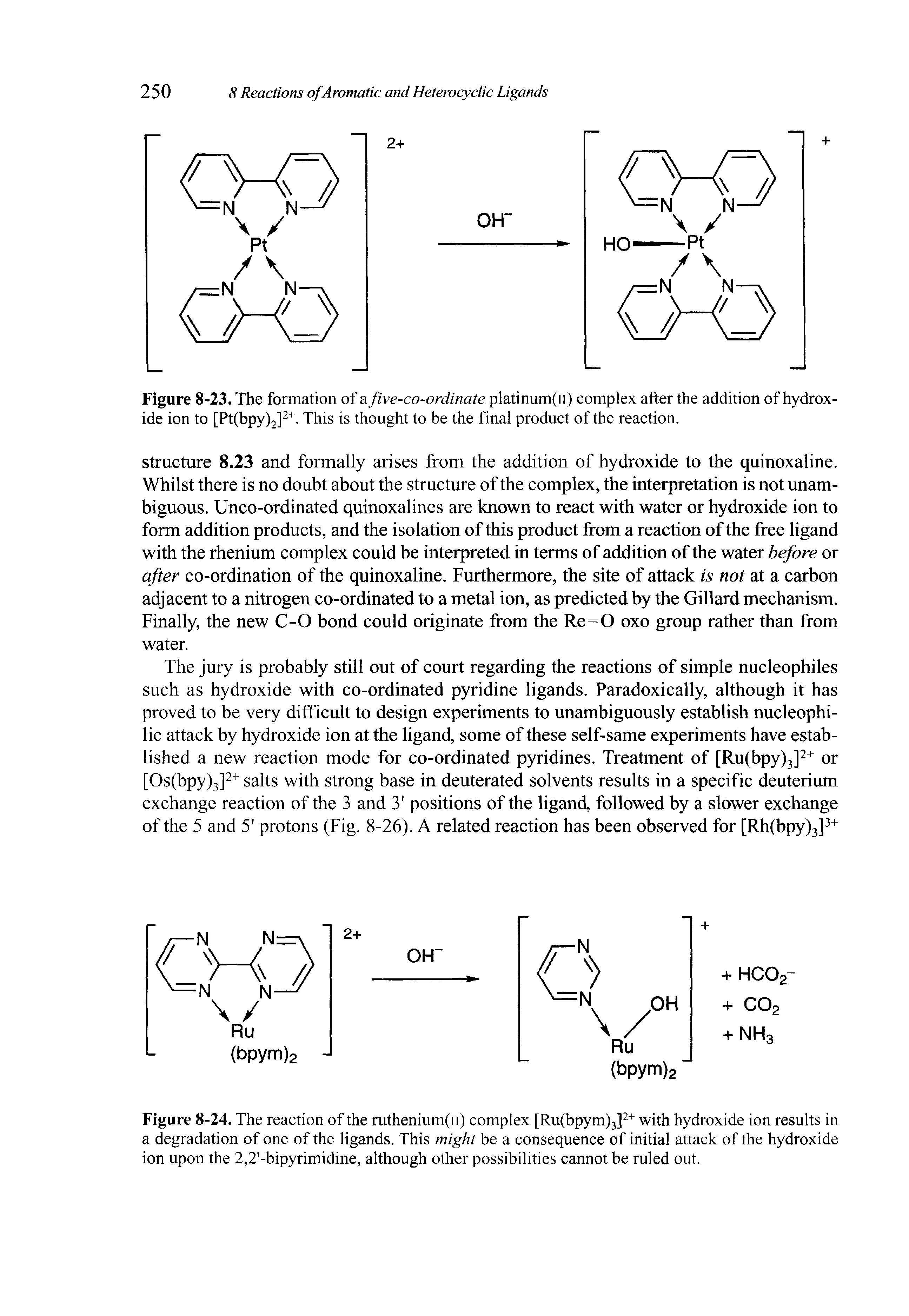 Figure 8-23. The formation of a five-co-ordinate platinum(n) complex after the addition of hydroxide ion to [Pt(bpy)2]2+. This is thought to be the final product of the reaction.