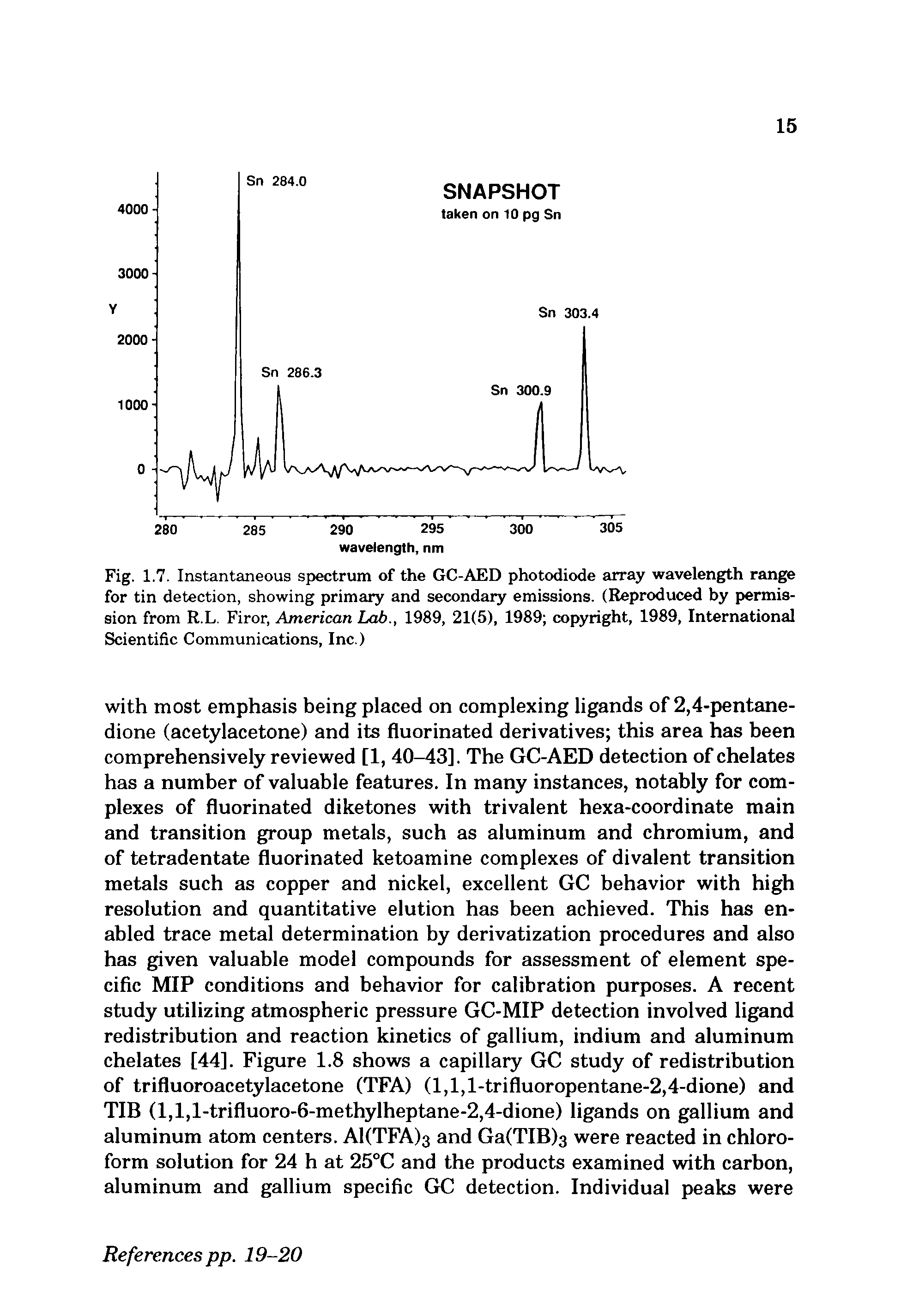 Fig. 1.7. Instantaneous spectrum of the GC-AED photodiode array wavelength rang for tin detection, showing primary and secondary emissions. (Reproduced by permission from R.L. Firor, American Lo6., 1989, 21(5), 1989 copyright, 1989, International Scientific Communications, Inc.)...