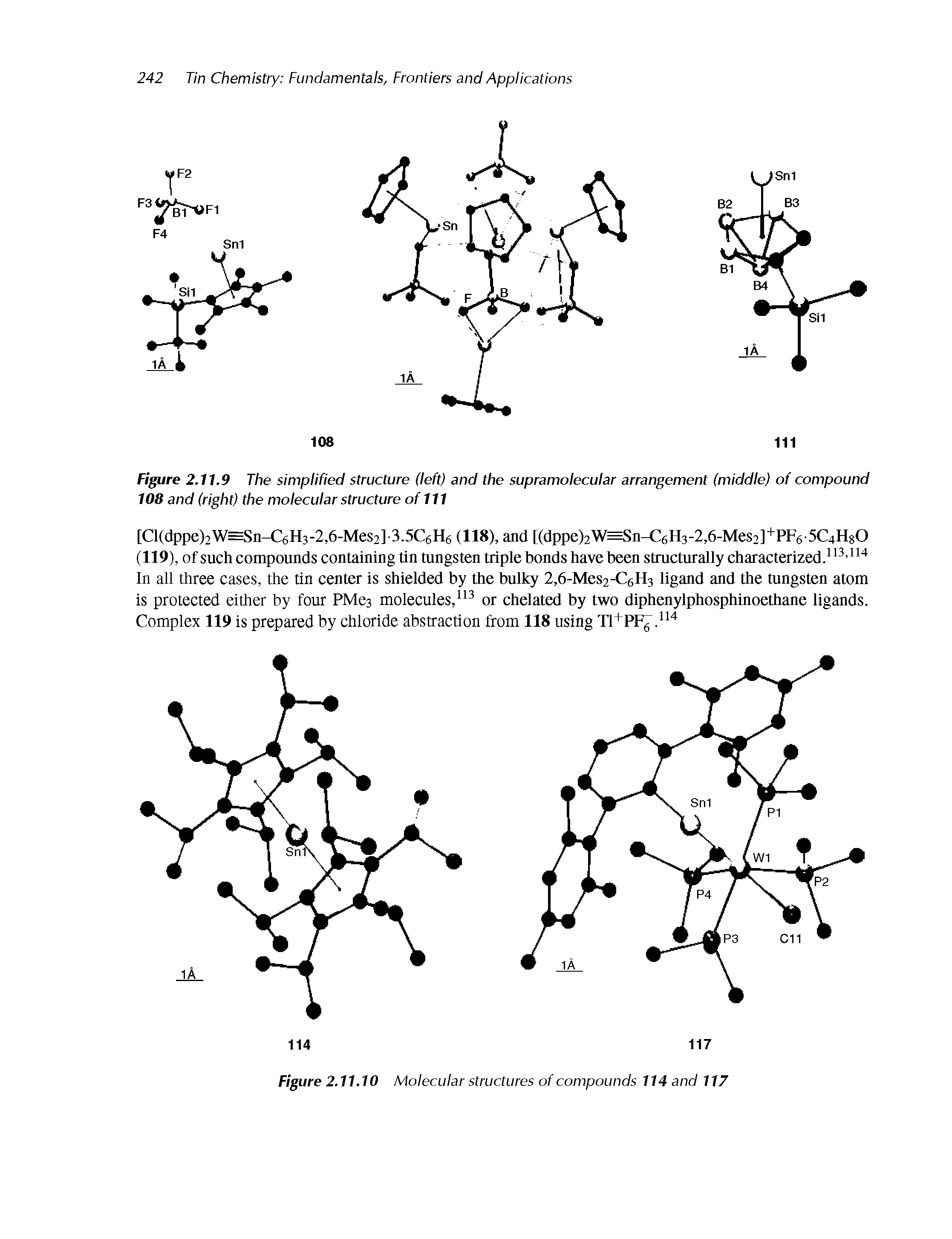 Figure 2.11.9 The simplified structure (left) and the supramolecular arrangement (middle) of compound 108 and (right) the molecular structure of 111...