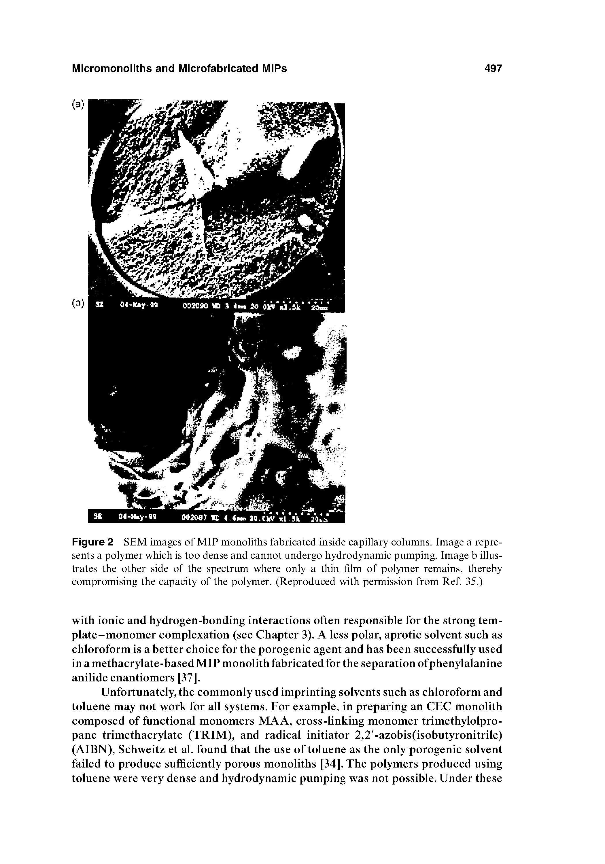 Figure 2 SEM images of MIP monoliths fabricated inside capillary columns. Image a represents a polymer which is too dense and cannot undergo hydrodynamic pumping. Image b illustrates the other side of the spectrum where only a thin him of polymer remains, thereby compromising the capacity of the polymer. (Reproduced with permission from Ref 35.)...